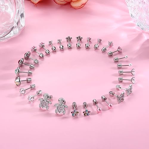 Miniatura 6 de LOYALLOOK 14 pares de aretes hipoalergénicos con rosca para mujeres y niñas, pequeñas circonita cúbica, bola de perla, corazón, flor, tornillo,
