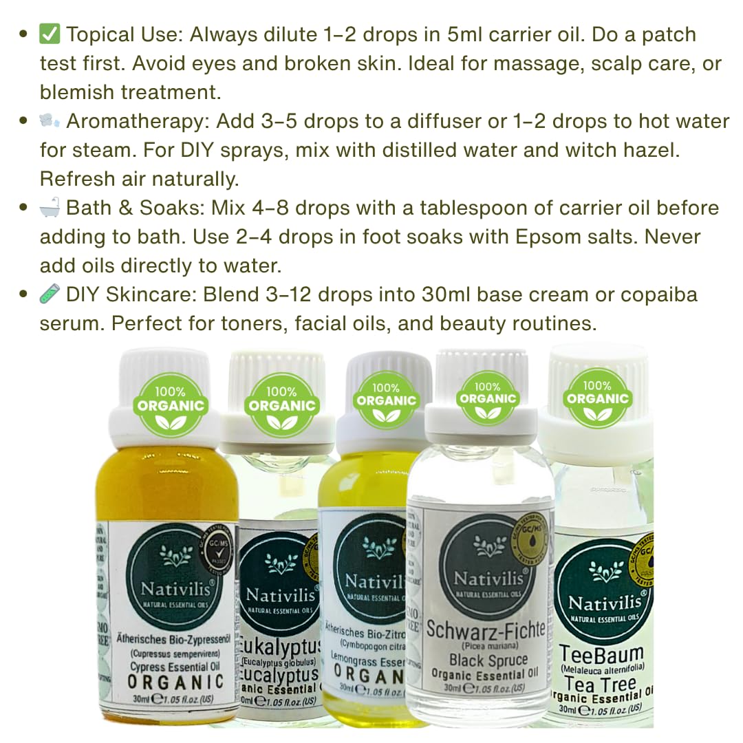 Nativilis Bio Ätherische Öle Set – Air & Earth Kollektion – Eukalyptus, Zitronengras, Teebaum, Zypresse & Schwarzfichte – 5 x 30 ml – Für Aromatherapie & Diffusor
