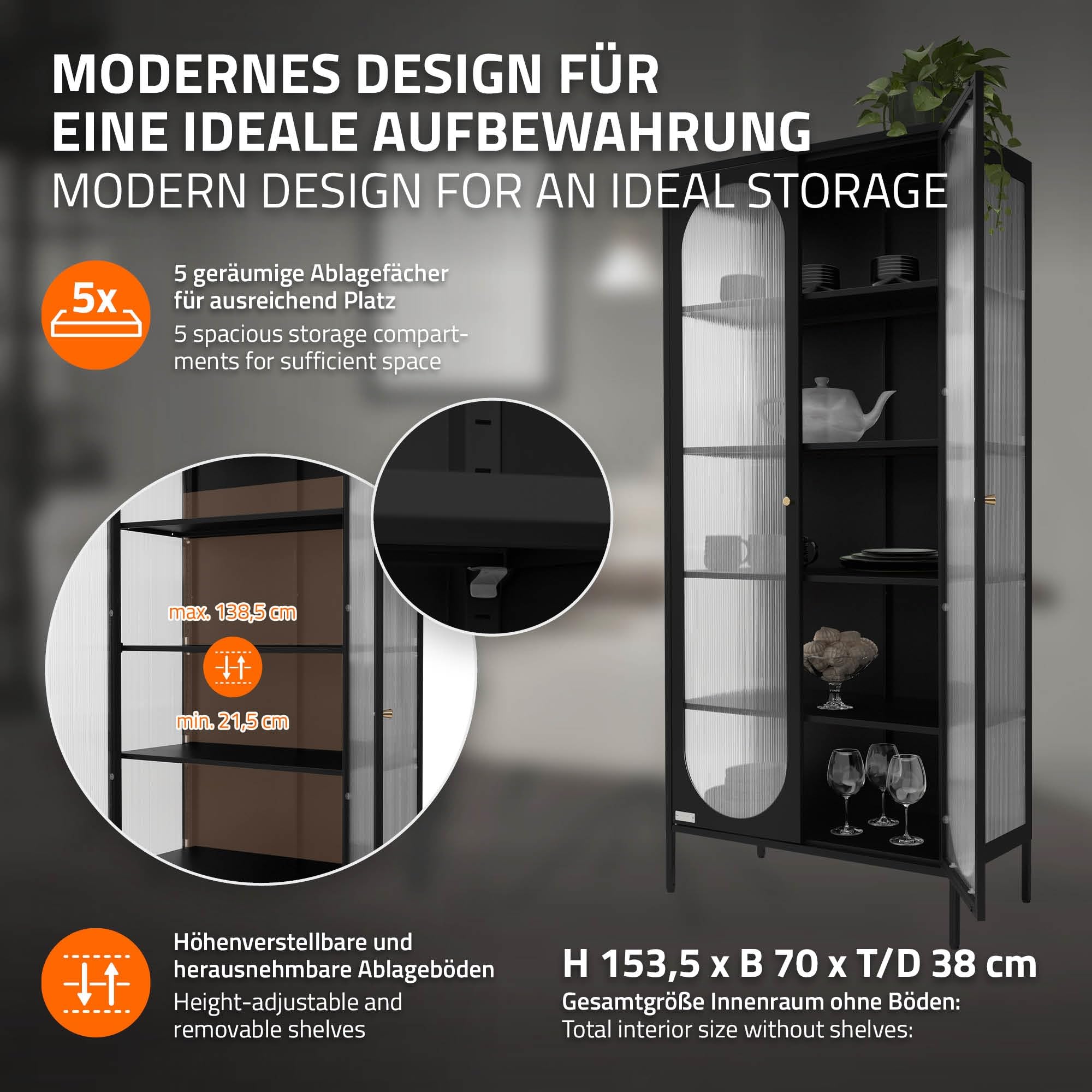 ML-Design Vitrinenschrank 80x175x40 cm, Schwarz, Vitrine mit 5 Ablage-/Regalfächer, 2 Türen, Wohnzimmer Metallschrank aus Stahl, Industrieller Stil, Hochschrank Bücherschrank Aktenschrank Standschrank