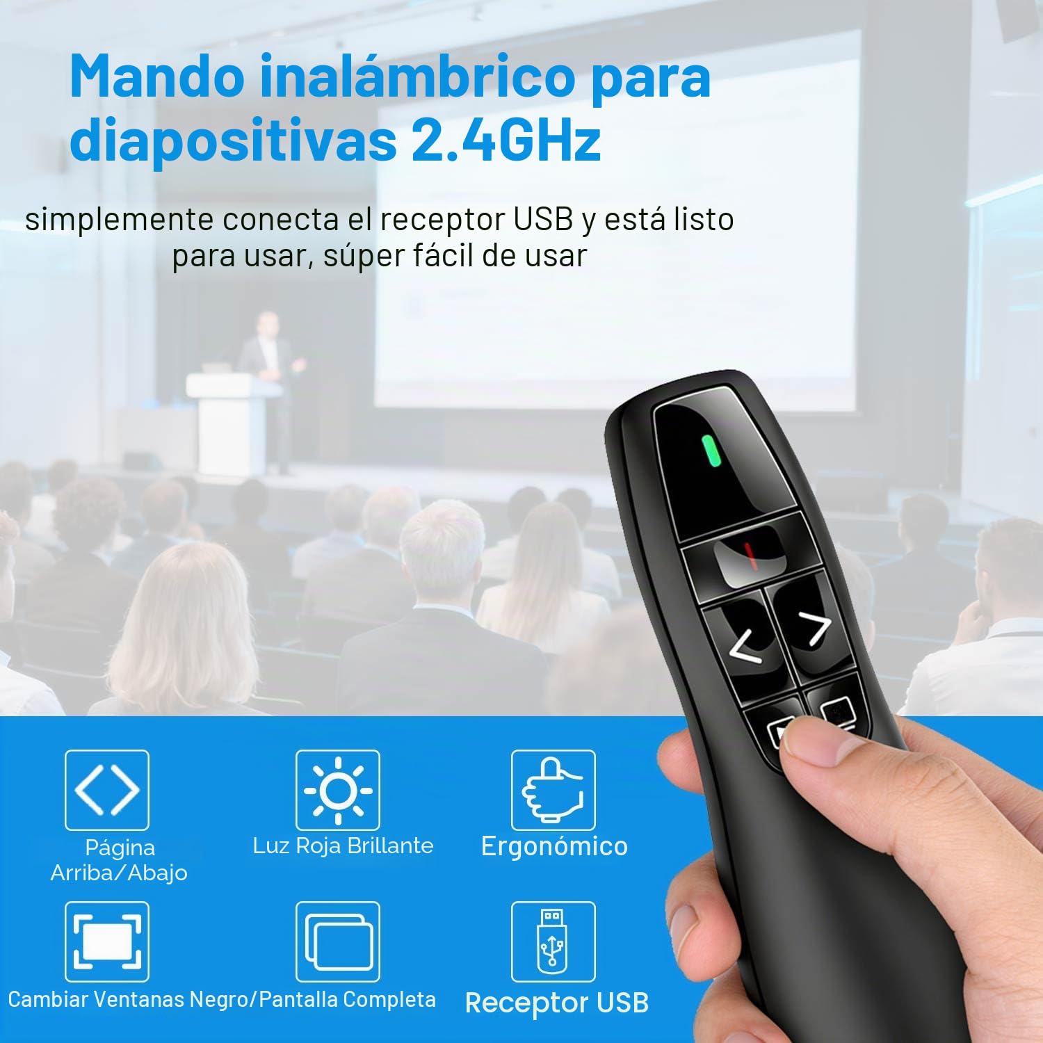 Ergonómico Pasador Diapositivas Mando Ordenador Powerpoint, 2,4GHz Presentador Inalambrico Mando Presentaciones USB Distancia Puntero Powerpoint Remote Presenter para Computadora Windows Mac