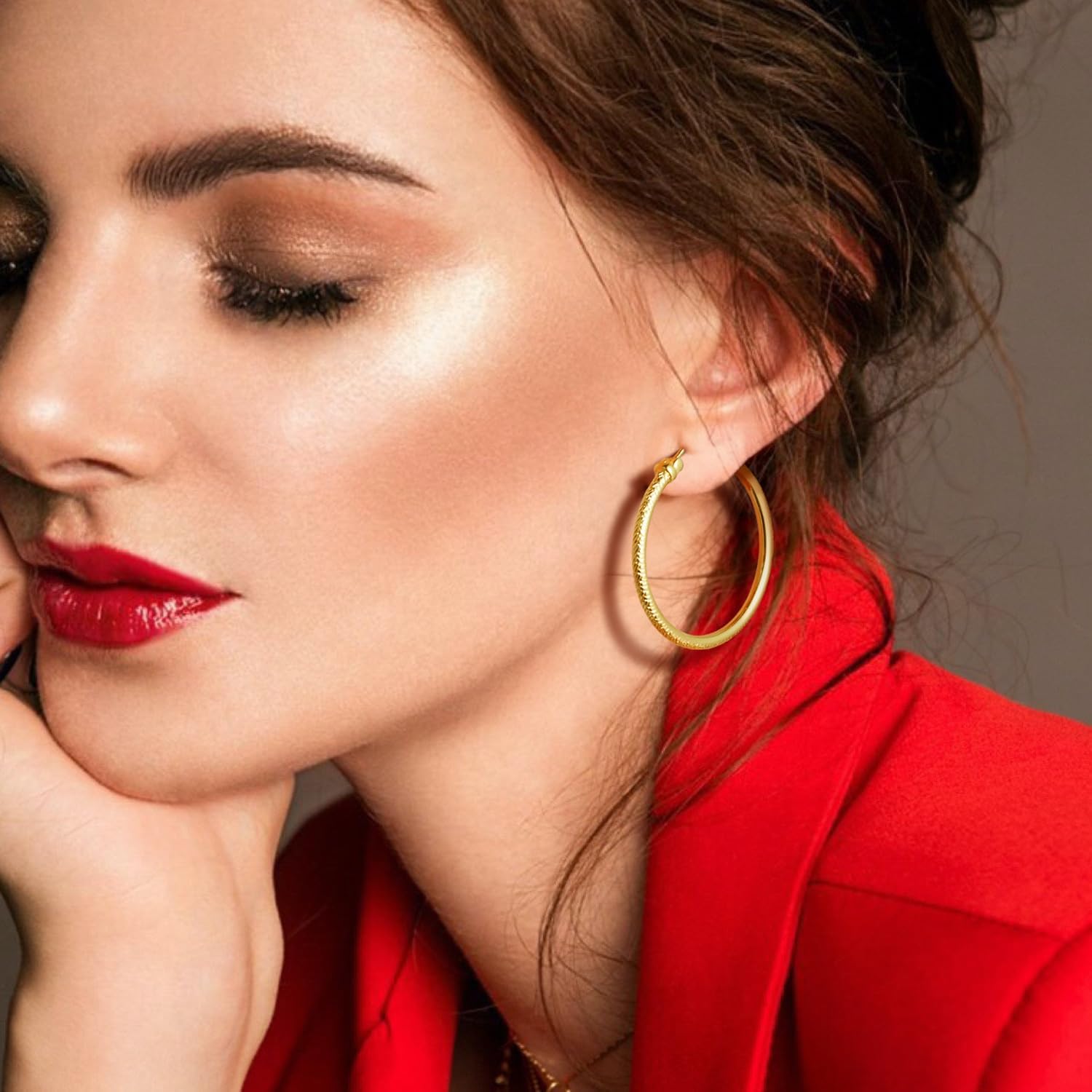 ENROSE 14K Gold Plated Hoop Earrings for Women’s Hoop Earrings Big Earring Interlacing Lines Design Jewelry 30mm - Image 3