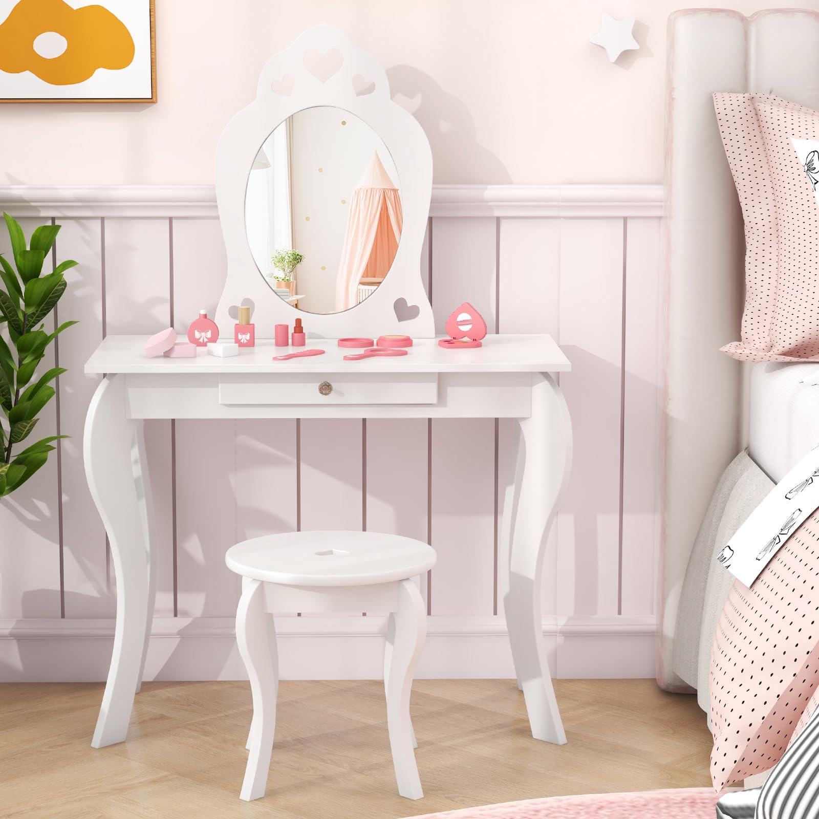 DREAMADE Schminktisch Kinder mit Hocker und Abnehmbarer Spiegel, Prinzessin Frisiertisch aus Holz mit Antikipp-Schutz, Kinderschminktisch für Kinder Mädchen (Weiß)