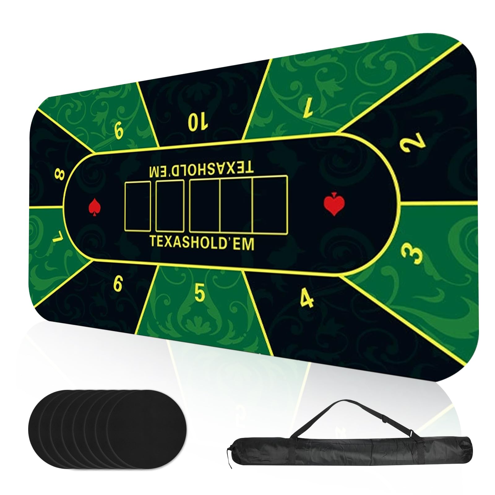 Texas Hold'em Tapis de poker 180 x 90 cm, imperméable, pour jusqu'à 10 joueurs, avec sac de transport et 8 sous-verres, idéal pour les jeux à domicile et les fêtes, tissu anti-boulochage, insonorisé