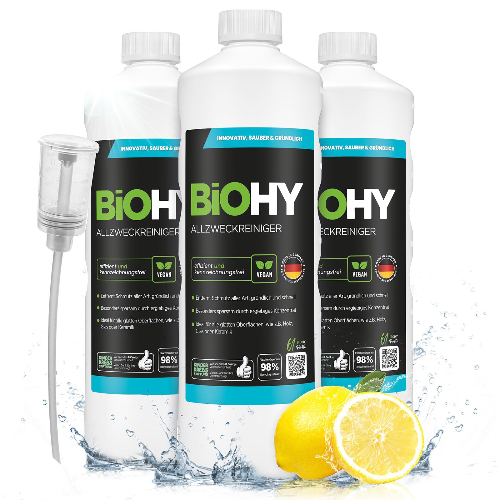 BiOHY Limpiador multiuso (3 botellas de 1 litro) + Dosificador | Limpiador multiusos ecológico para suelos y hogar | concentrado antical de aplicación universal (Allzweckreiniger)