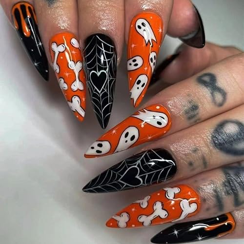 Uñas postizas a presión para Halloween, uñas postizas largas de aguja de cobertura completa, fantasma, telaraña, sangre con diseños de esqueleto,