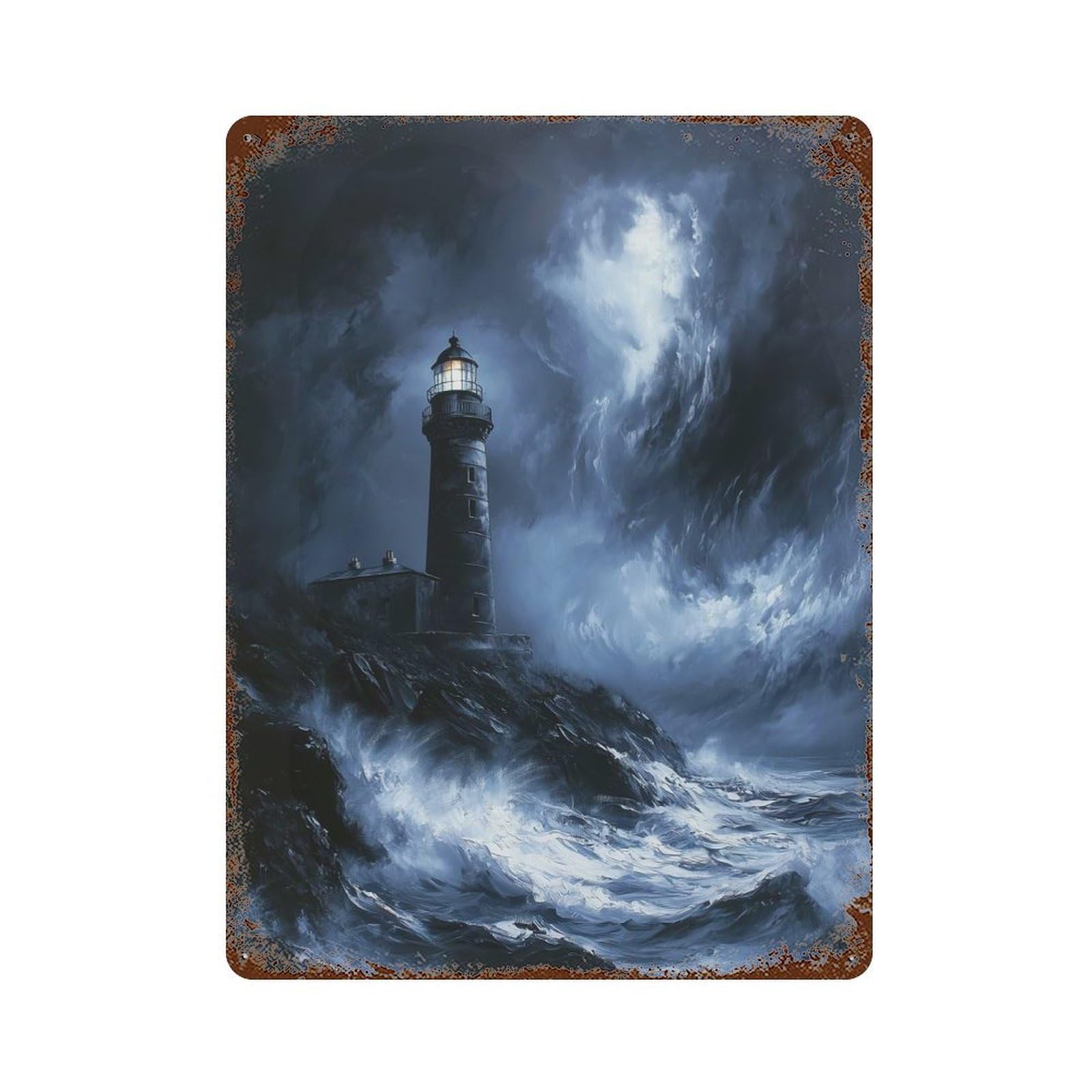 Rust Effect Lighthouse in Stormy Weather Painting Decorative Tin Sign 15.7"x11.8", Classic Wall Plaque for Pub, Kitchen And Man Cave Decor