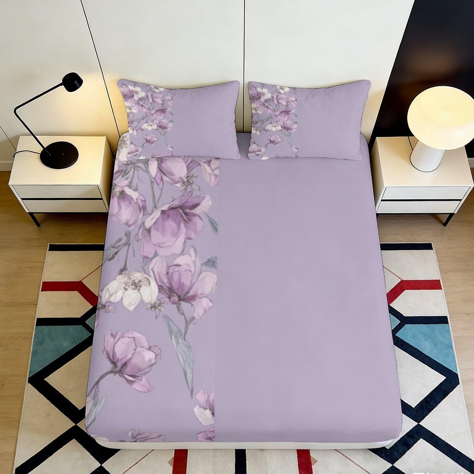 Elegant lavender floral fitted sheet 3D Printed, Microfiber soft touch, guest room bedding, wrinkle resistant, home decor accent 90x200x25cm