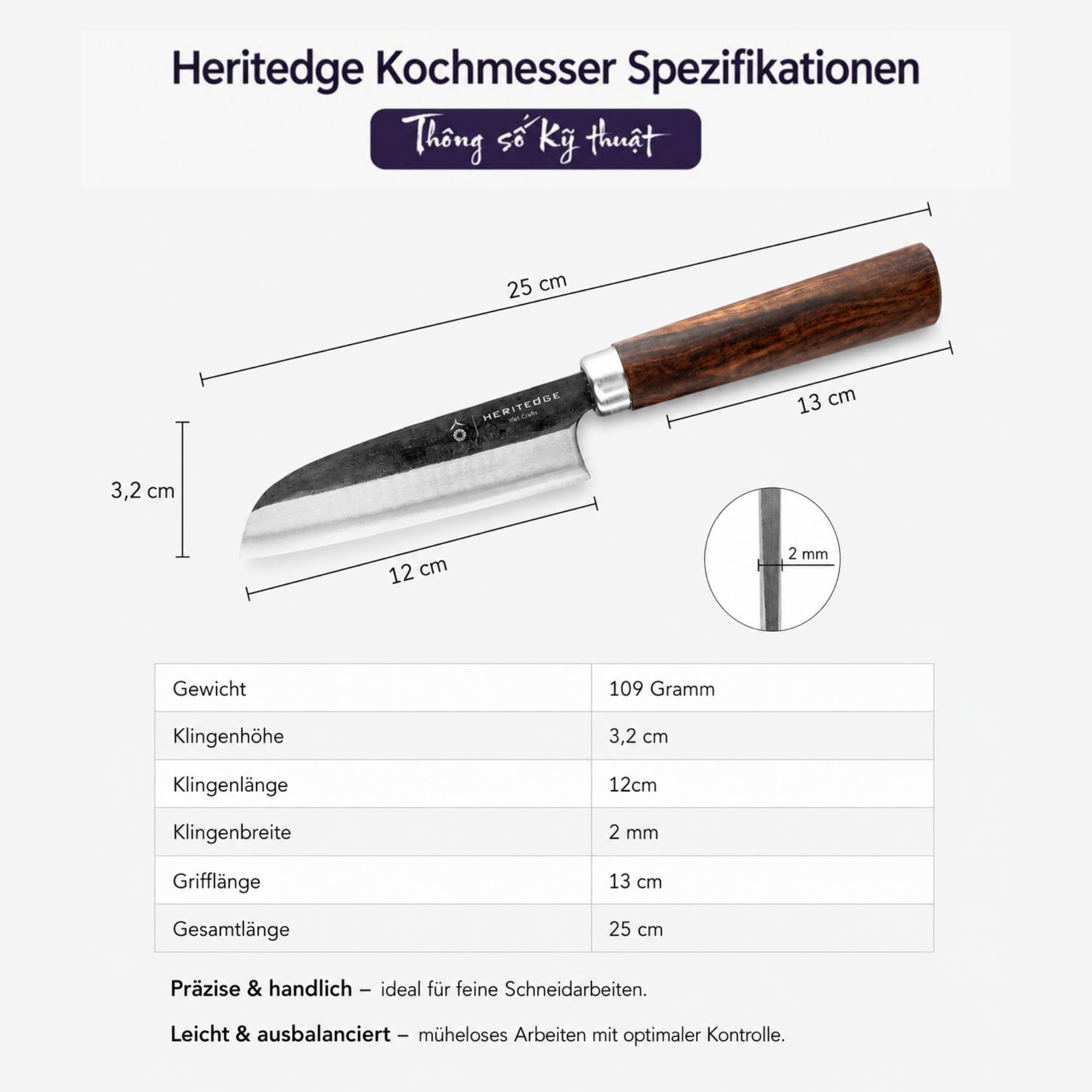 Handgefertigtes Küchenmesser – Hac Classic | Handgeschmiedet in traditioneller Schmiede in Vietnam | Carbonstahl 60–61 HRC | Tamarindenholz