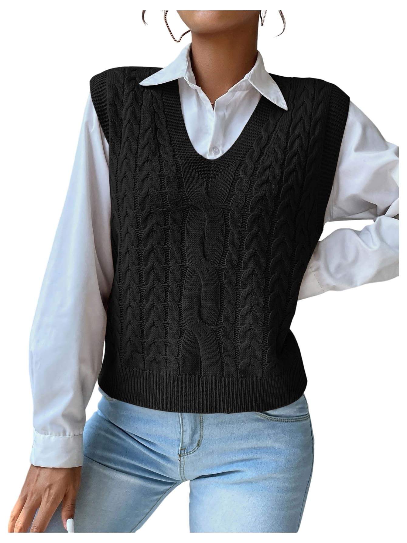SOLY HUX Womens V Neck Sweater Vest Sleeveless Cable Knit Pullover Tank Tops Fall Clothes
