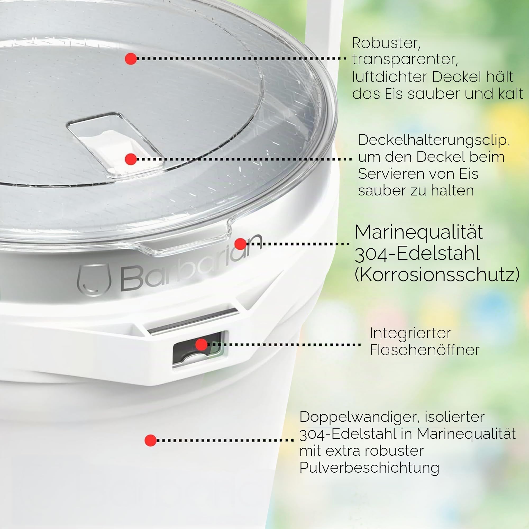 Barbarian Getränkeeimer, doppelwandiger vakuumisolierter Eiskübel mit Deckel, extra großes Fassungsvermögen von 7 Litern, mit Eisschaufel und integriertem Flaschenöffner, Weiß