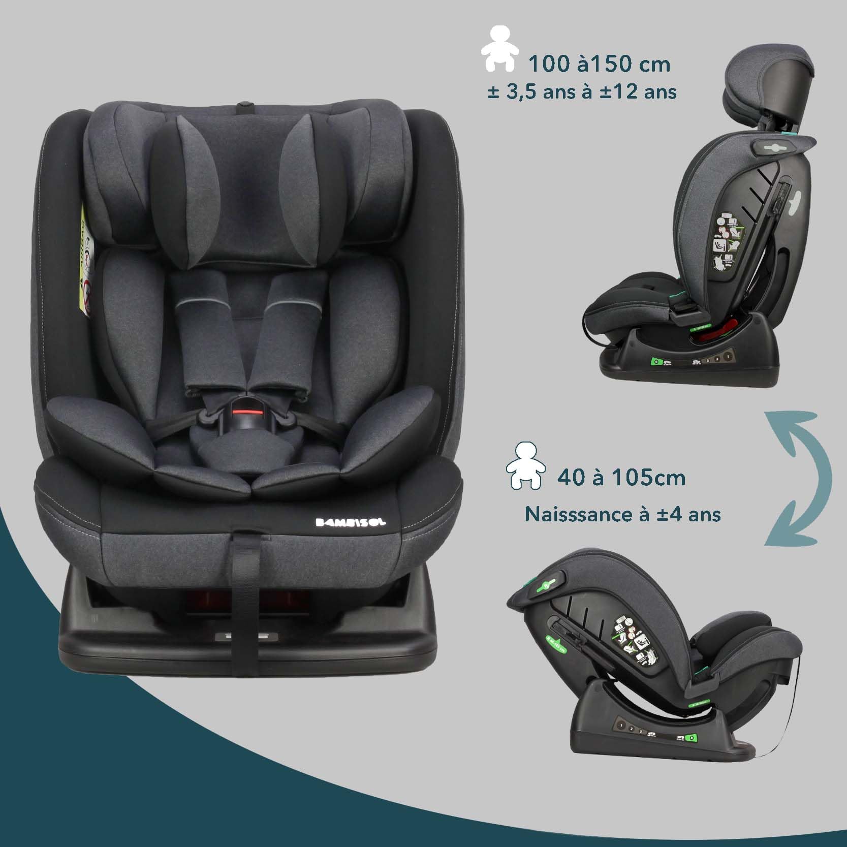 Bambisol - Siège Auto Evolutif - i-Size 40-150 de la naissance à 150 cm (36 kg) - Convient à toutes Voitures - ECE129/03 - Textile Déhoussable Lavable - Appui-tête Ajustable - Harnais 5 points