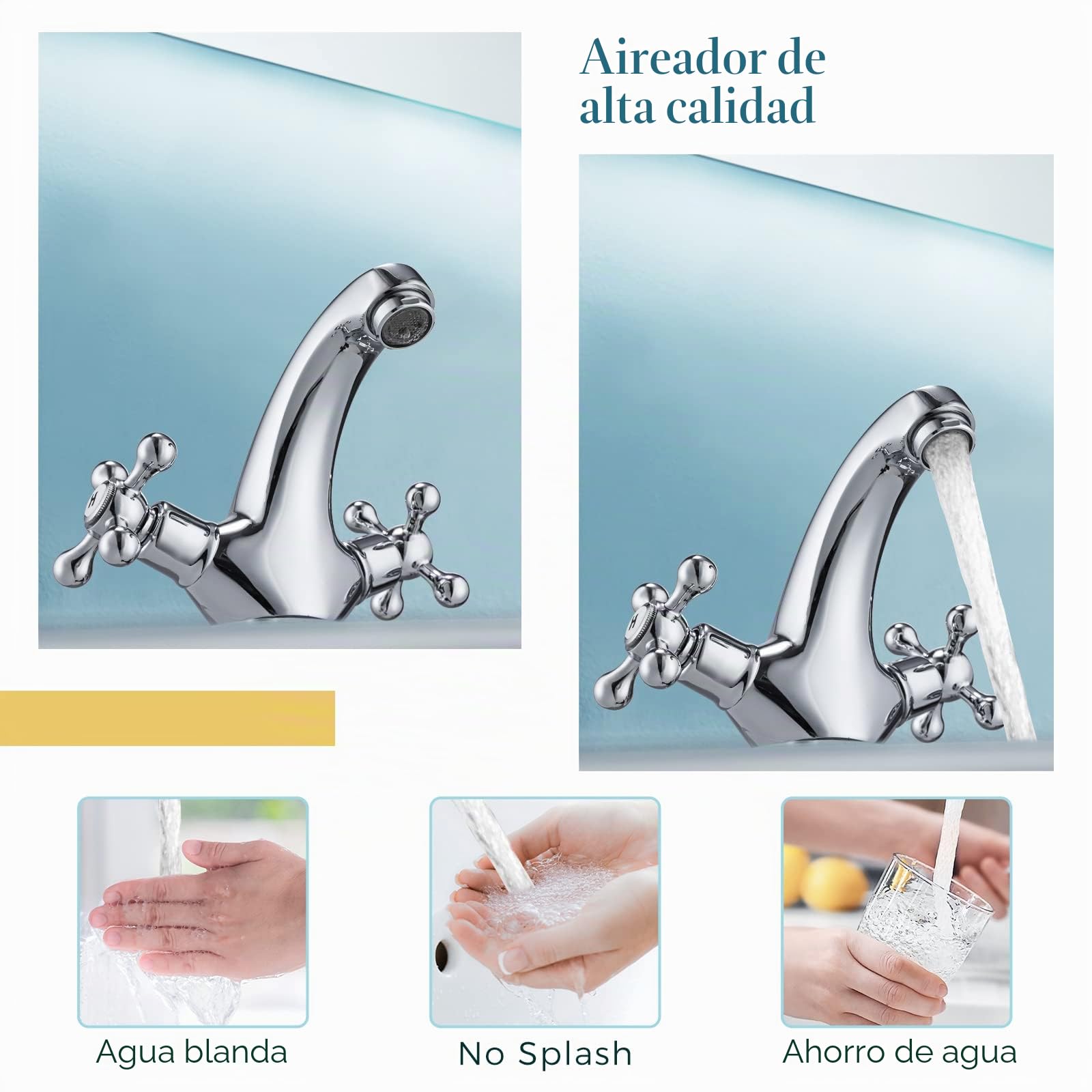 Peppermint Grifo monomando para lavabo, grifo de lavabo cromado con cruceta monofónica tradicional victoriana de doble asa, grifo mezclador con Hoese estándar