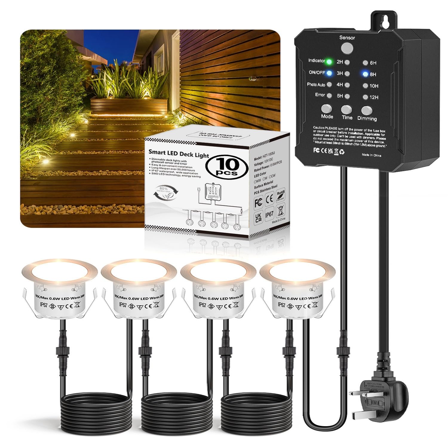 Set 10 Dimbare Vloerinbouwspots Buiten 12V - Warm Wit Met Sensor, Timer En IP67 Waterdicht Voor Terras En Tuin