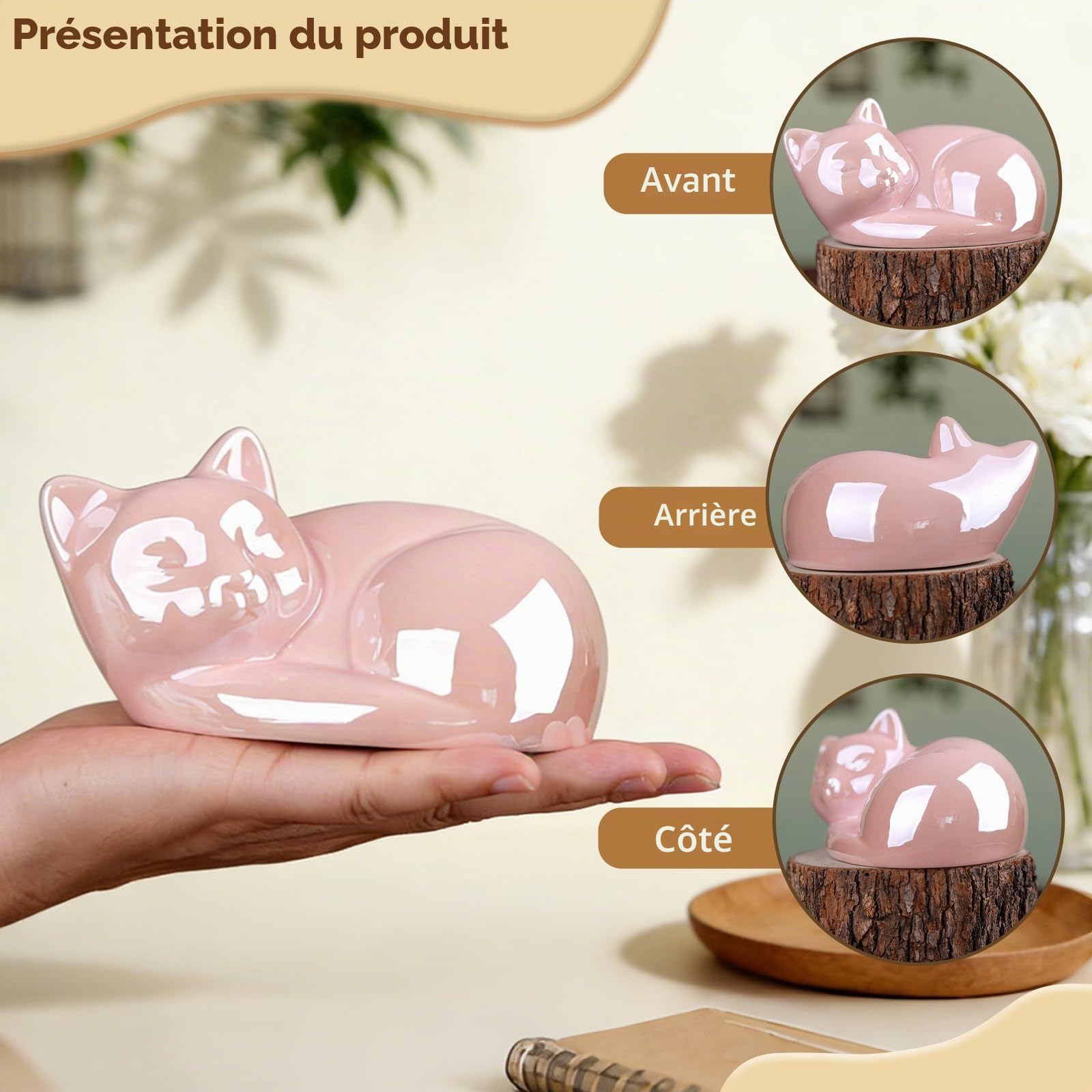 Urne commémorative en céramique pour cendres de chat et chien endormi (blanc mat, chat, 270 ml)