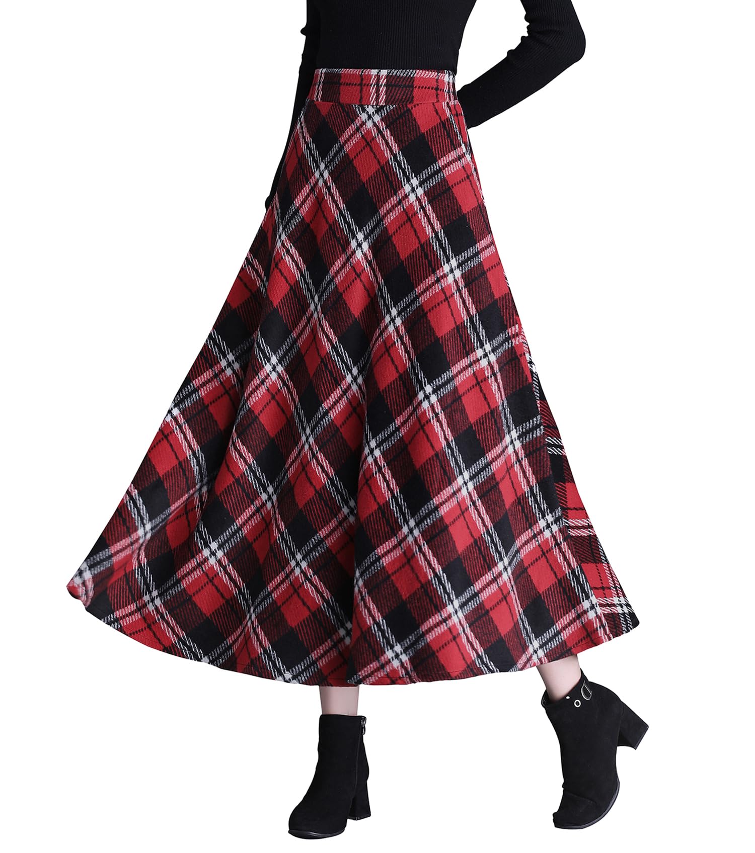 Womens Wool Plaid Maxi Skirt High Waisted A-Line Tartan Long Skirt with Pockets Elastic Waist 2025 Fall Winter
