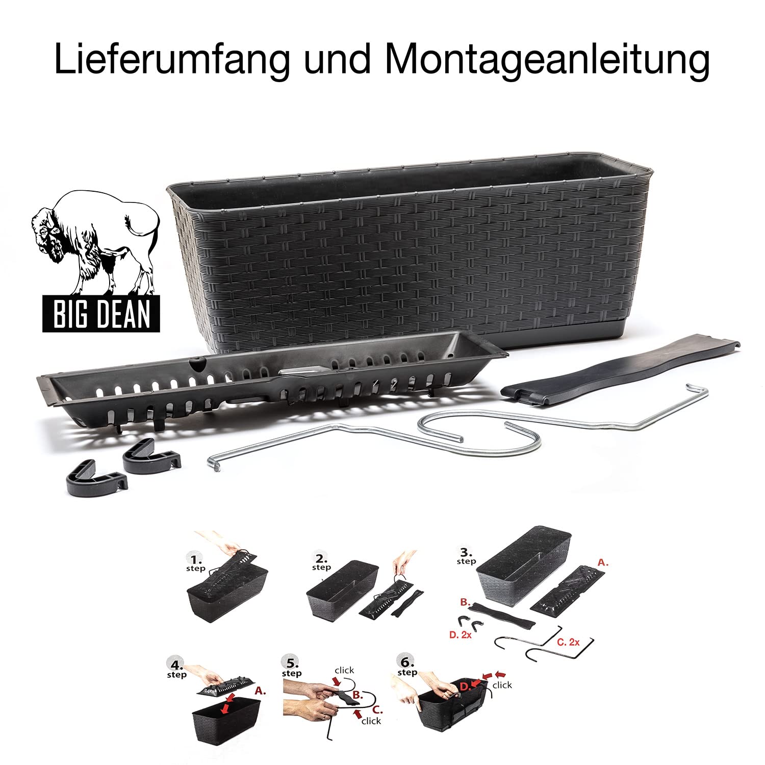BigDean 4er Set Blumenkästen für Balkon-Geländer - Rattan-Optik - Anthrazit - Balkonkästen mit Metall-Halterung - 39 x 15,5 x 14 cm - inkl. Bewässerungssystem