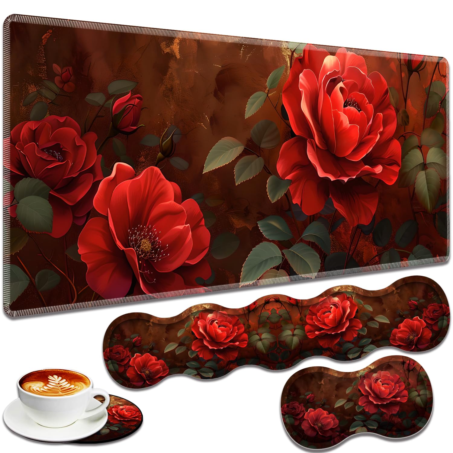 Large Gaming Mouse Pad + Keyboard Wrist Rest + Wrist Support + Coaster Set, Memory Foam Ergonomic for Easy Typing, XXL Extended Gaming Mouse Pad Table