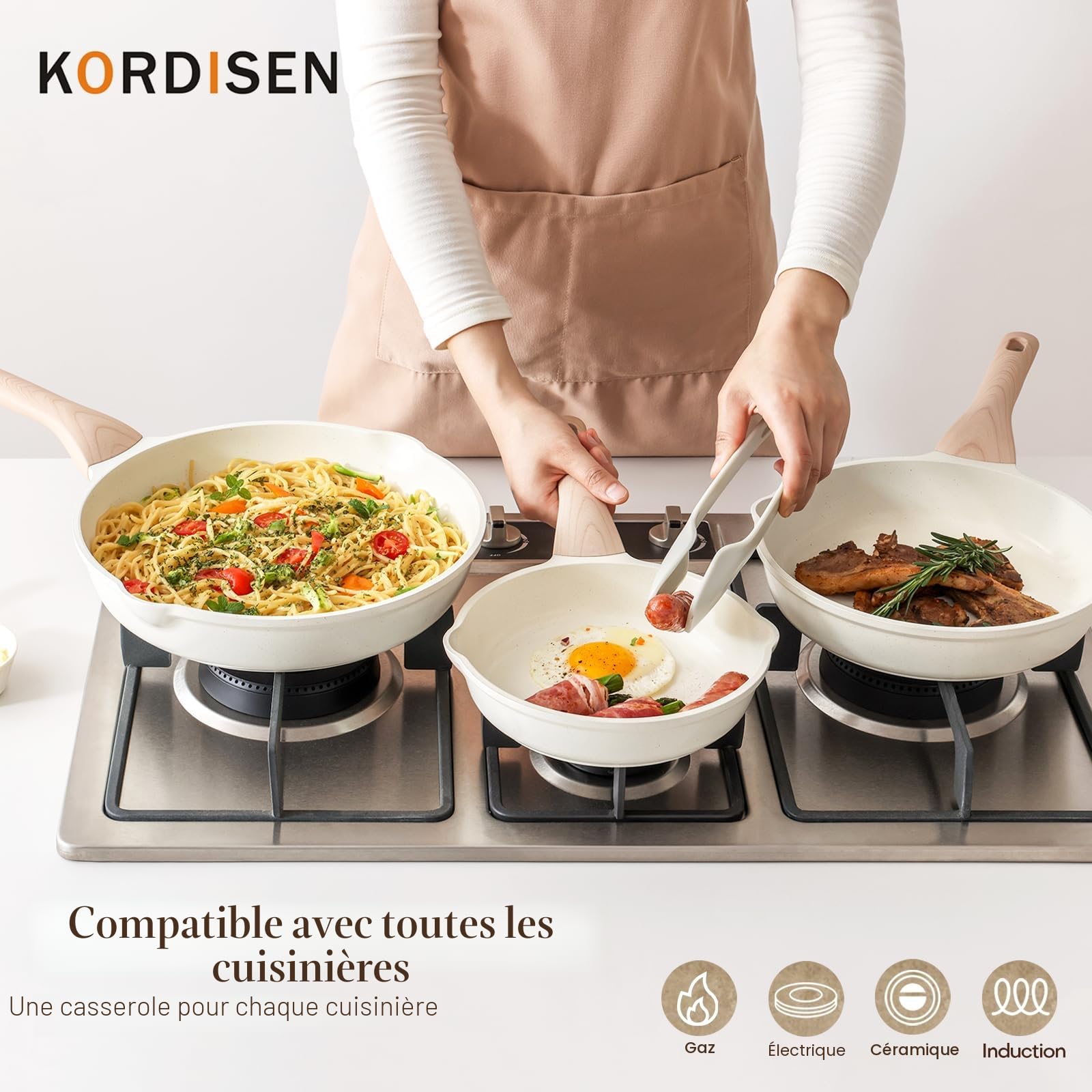 Kordisen Set de Poele Ceramique Induction 20/24/28cm, Poêle à Frire Antiadhésive, Saine et Non Toxique, Sans PFOA et PFAS