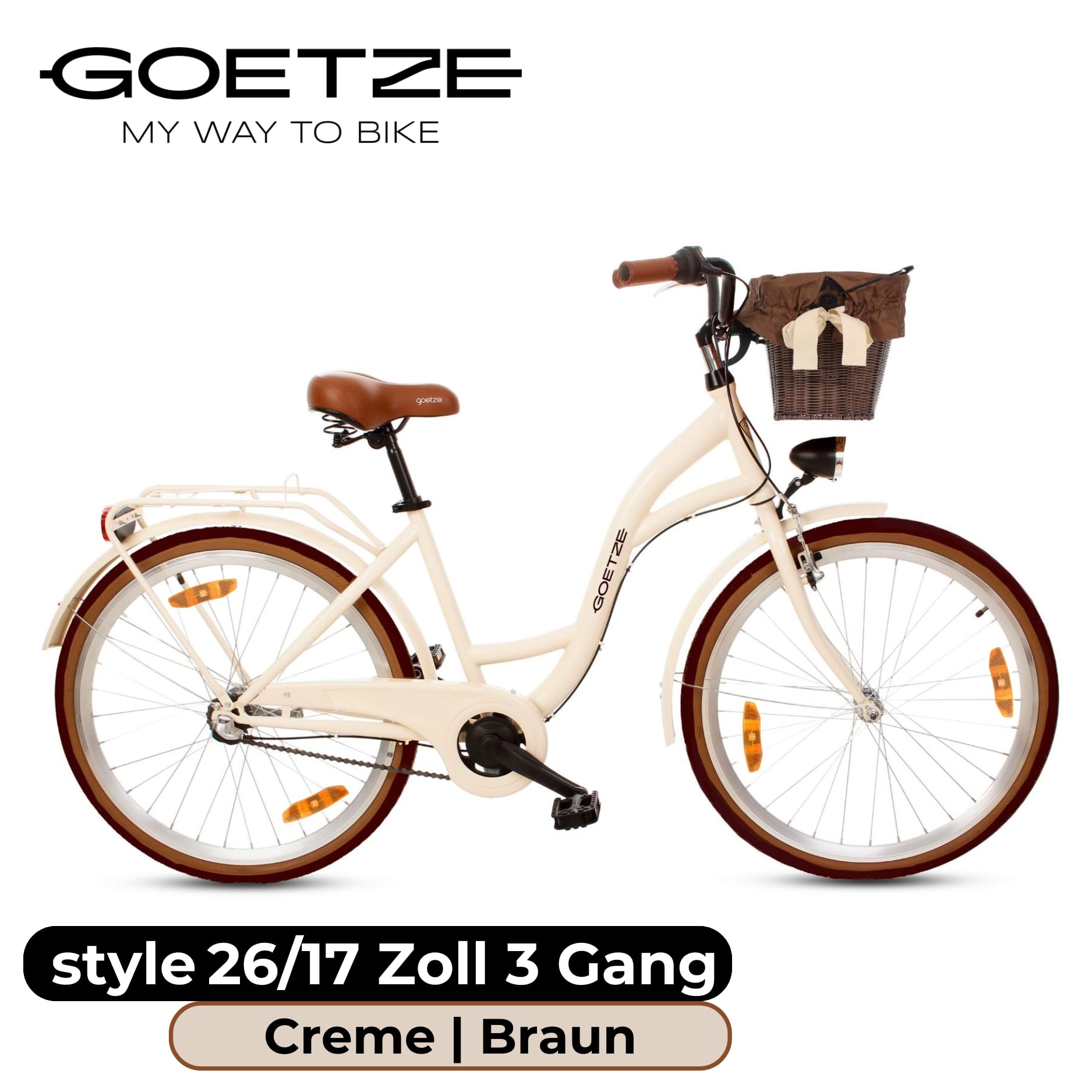 Goetze Style 26 Zoll Citybike, 17 Zoll Tiefeinsteiger Rahmen, 3-Gang Nabenschaltung, Rücktrittbremse, V-Bremse vorne, LED-Beleuchtung, Rattankorb, Komfortsattel, mit Seitenständer & Klingel