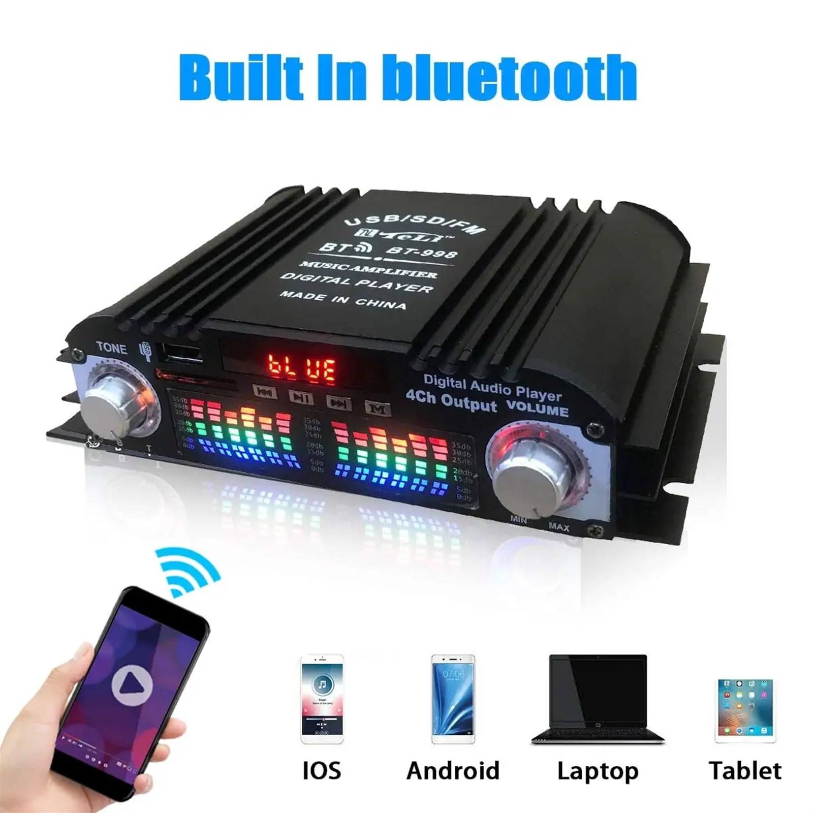 Amplificatore Audio HiFi con Potenza di Picco da 1600 W Amplificatore Audio Digitale a 4 canali Lettore Radio FM Supporto Telecomando