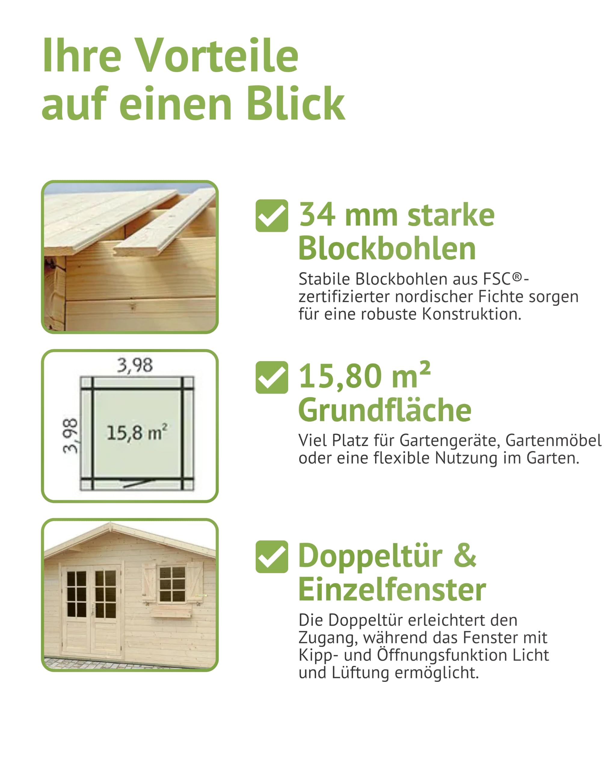 Steiner Shopping Gartenhaus PO14-34 mm Blockbohlenhaus, Grundfläche: 15,80 m², Satteldach