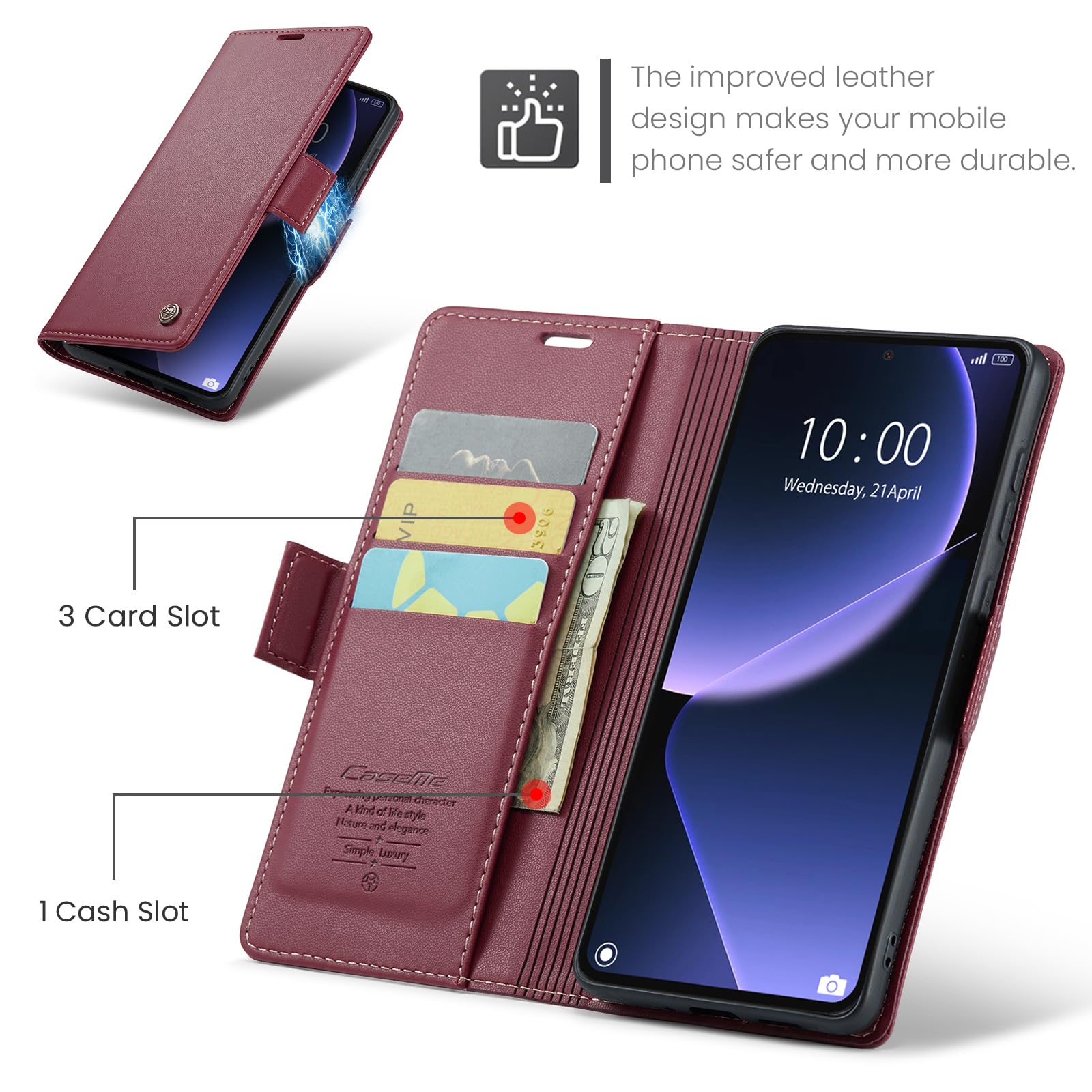 Funda De Cuero PU Para Xiaomi MI 13T Pro / 13T - Tipo Billetera, Magnética, Con Soporte - Color Vino Tinto