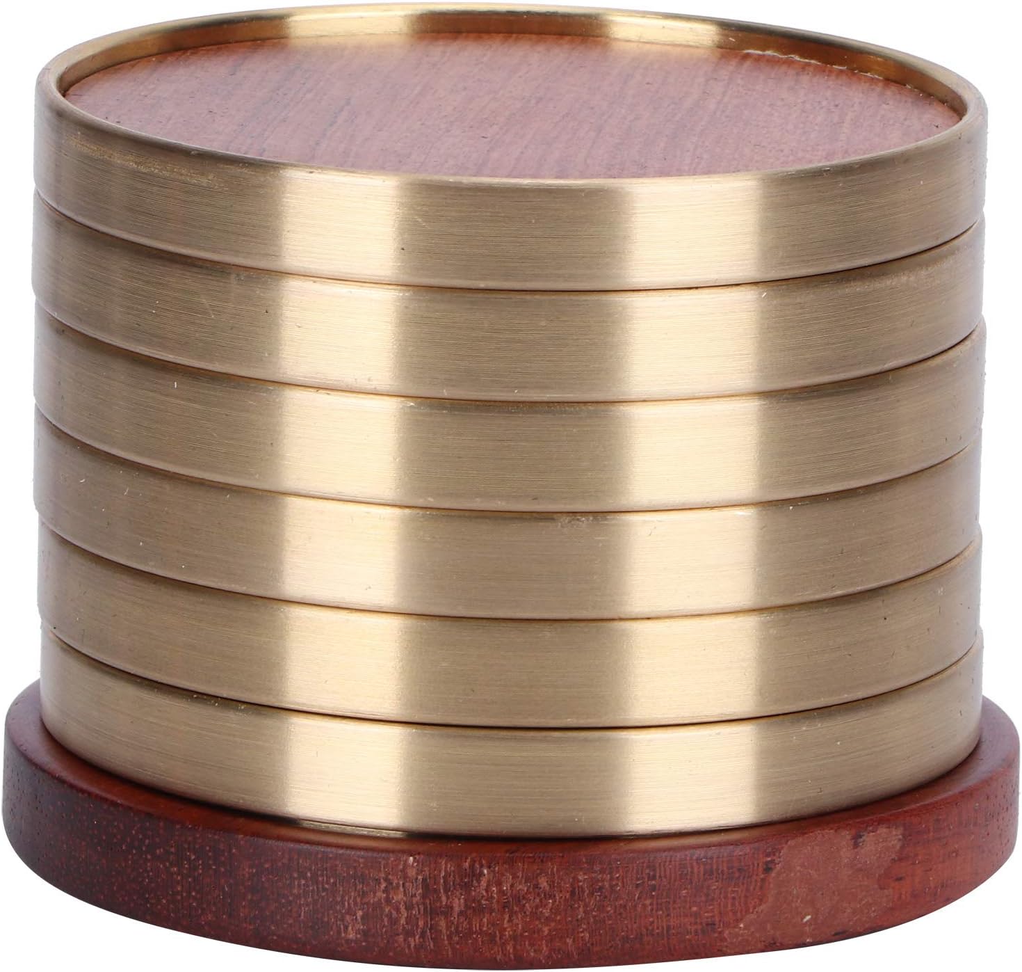 Cup Pad, Round Stackable Insulation Cup Pad, Desktop Ceremony Accessories with Storage Base for Insulation Tea Ceremony(Copper-Wood Coaster Set-Huali)