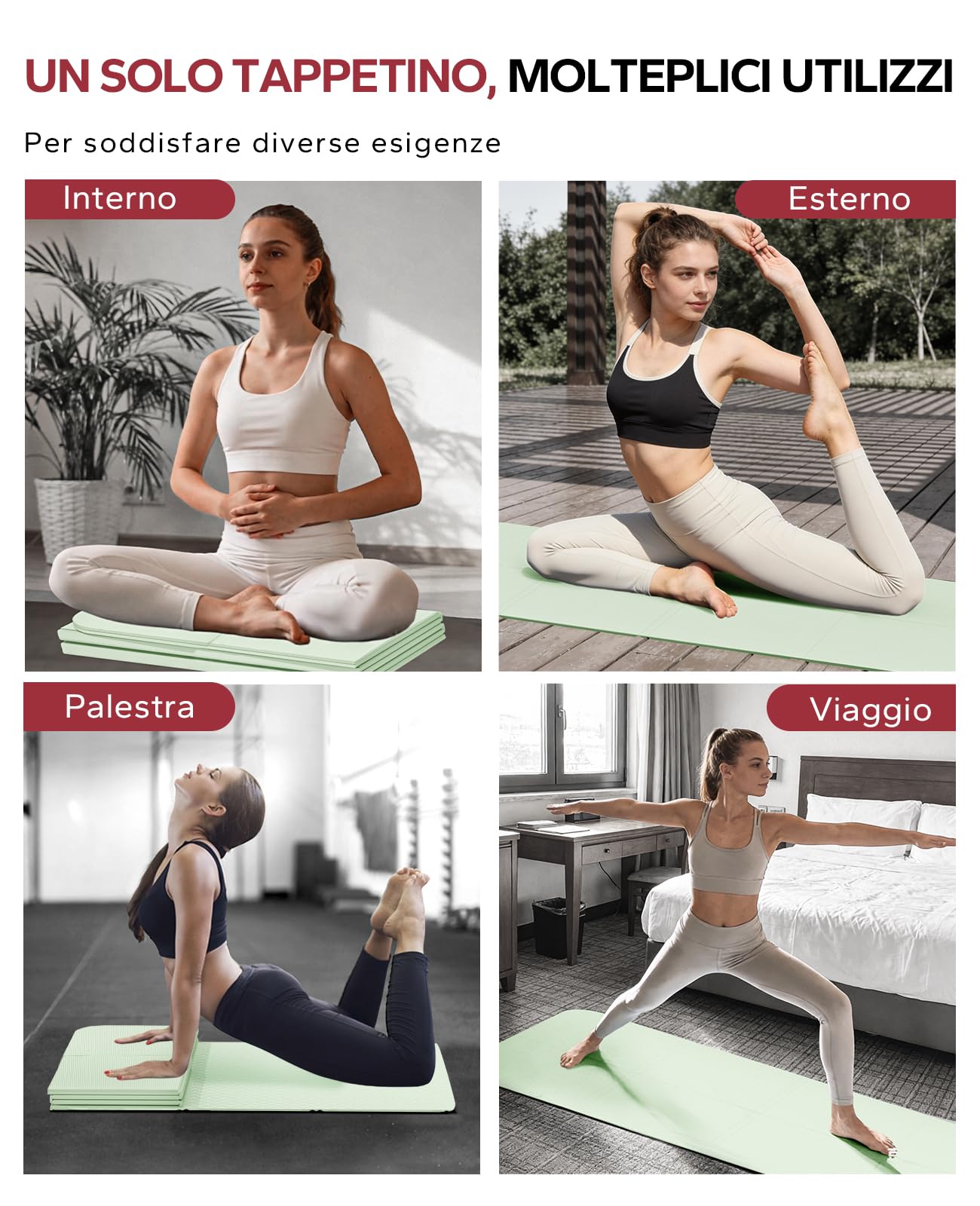 HAPBEAR Tappetino Yoga Pieghevole 183x61x0,6 cm, Tappetino Palestra Pieghevole Antiscivolo in TPE Ecologico con Borsa, Tappetino Yoga da Viaggio Portatile per Casa, Pilates, Stretching e Fitness
