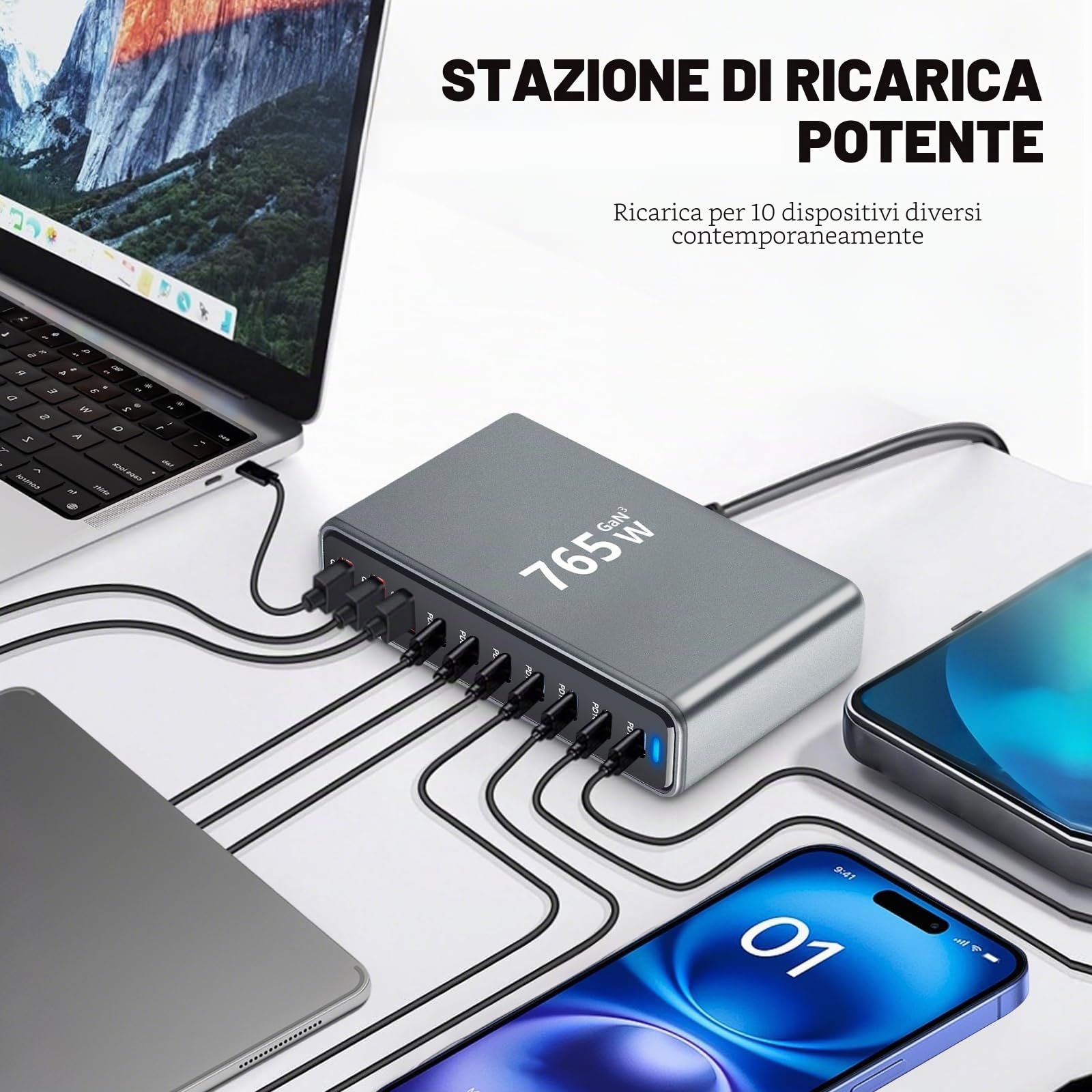 765W Caricatore USB Multiplo - 10 Porte (7 USB-C + 3 USB-A) con Ricarica Rapida, Stazione di Ricarica Compatta per Multi Dispositivi, Compatibile con MacBook, iPad, iPhone 16/15/14, Galaxy S22/S20