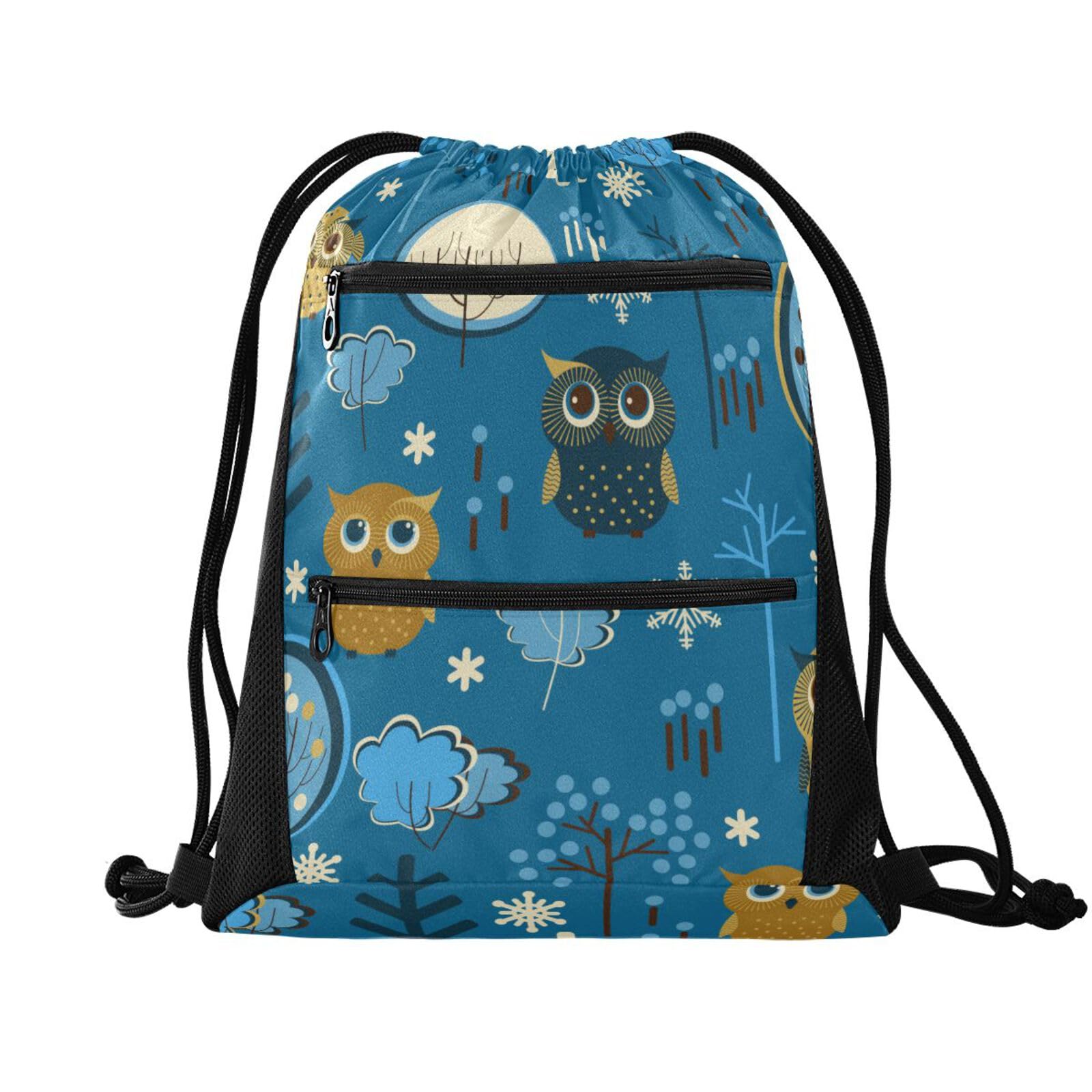 FRODOTGV Cute Colorful Owls and Trees Blue String Bag with Mesh Pockets Sports Gym Yoga Sackpack Water Resistant String Bag