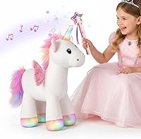 iPlay iLearn Magic Unicorn Plush Toy with Remote Control Fairy Wand, LED Lights, Music & Sounds - Interactive Toddler Gift 18M+