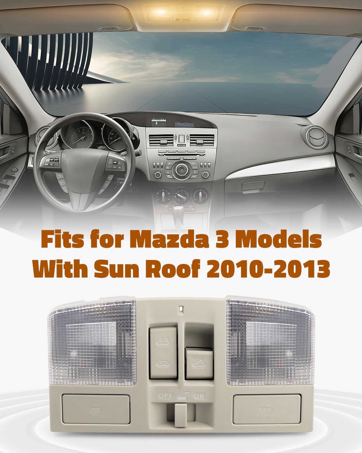 Overhead Console Dome Light Replacement LED Interior Roof Map Reading Lamp Fit for Mazda 3 2010 2011 2012 2013, Replace BBM4-69-970B-75 Without Sun Roof Mirror Side Lamp