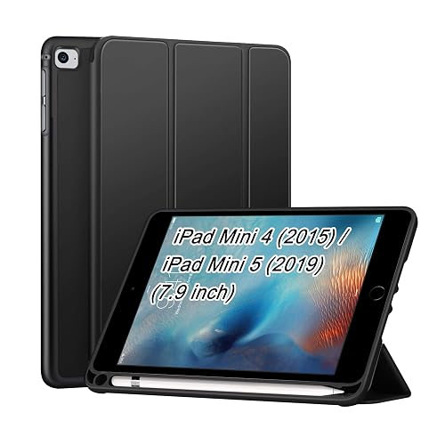 CEDO Smart Case for iPad mini 4 (4th Gen)/ iPad mini 5 (5th Gen) 7.9 in Tri-Fold Flip Folio Cover | Pencil Holder | Auto Wake-Up/Sleep Mode | Multi View Angles Stand TPU Backcover (Black)