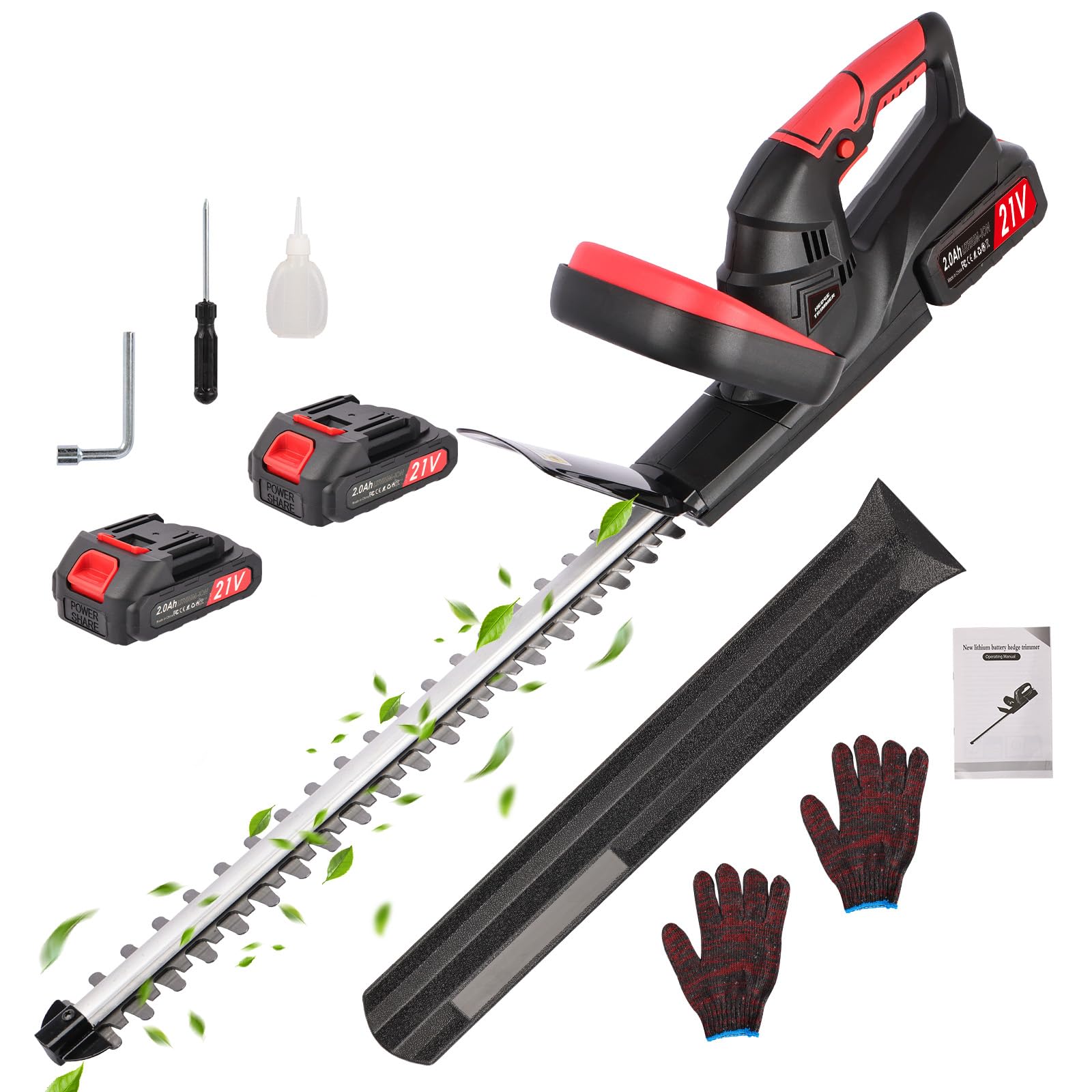 Cortasetos a batería 48 cm, Corte 15 mm con 2 baterías 2.0Ah | 18500 RPM, Cortasetos Eléctrico Inalámbrico para Setos, Arbustos y Jardín