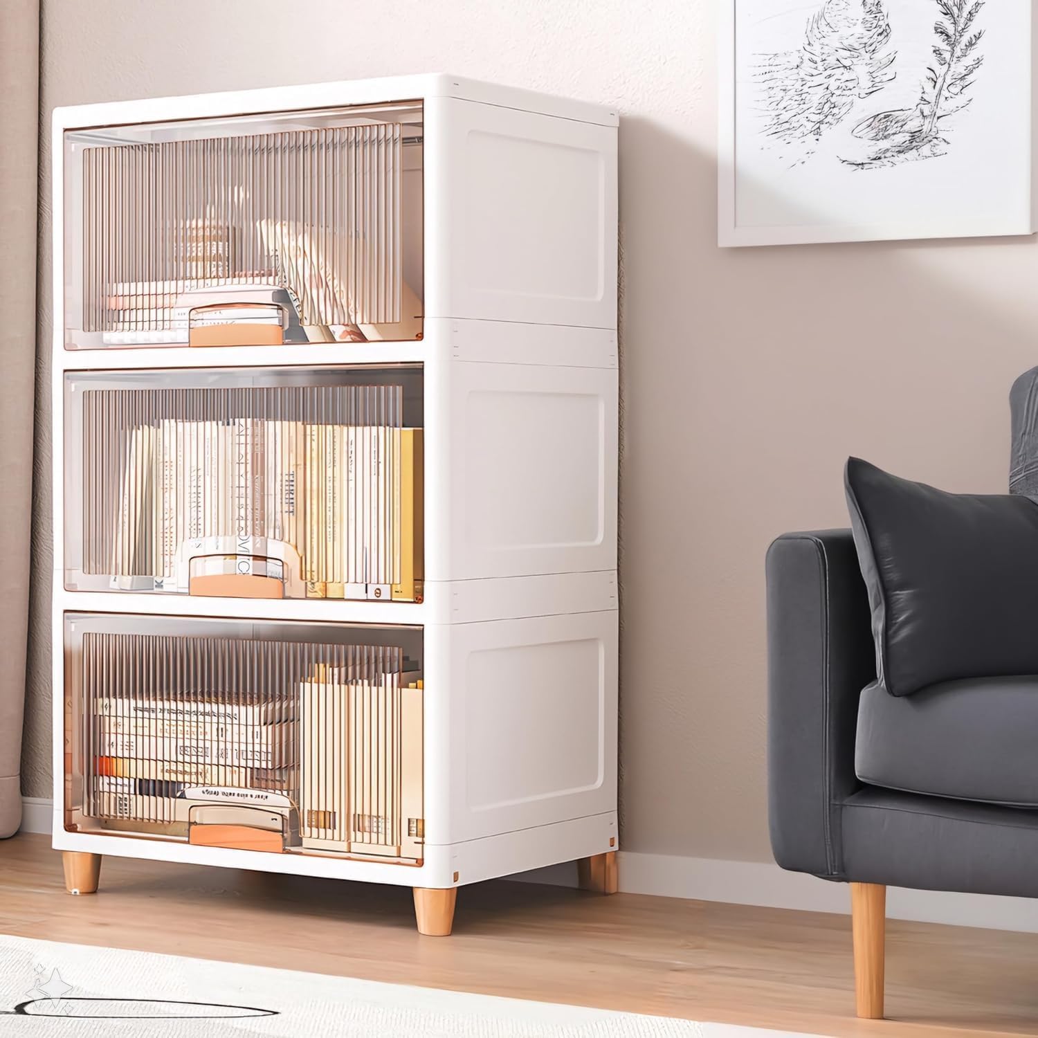 plastic Collapsible Wardrobe Cloth Rack for Storage/Sturdy Wardrobe/Kitchen Cupboard/Foldable Storage Organizer/Closet for Living Room/Laundry Room (Cupboard Rack- 1DOOR Transparent, 3PCS)