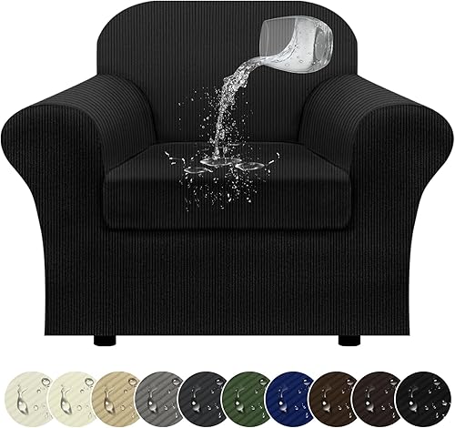 Miniatura 40 de Funda para sofá 100% impermeable, juego de 4 piezas, funda de sofá a rayas para sofá de 3 cojines, con parte inferior de TPU a prueba de fugas