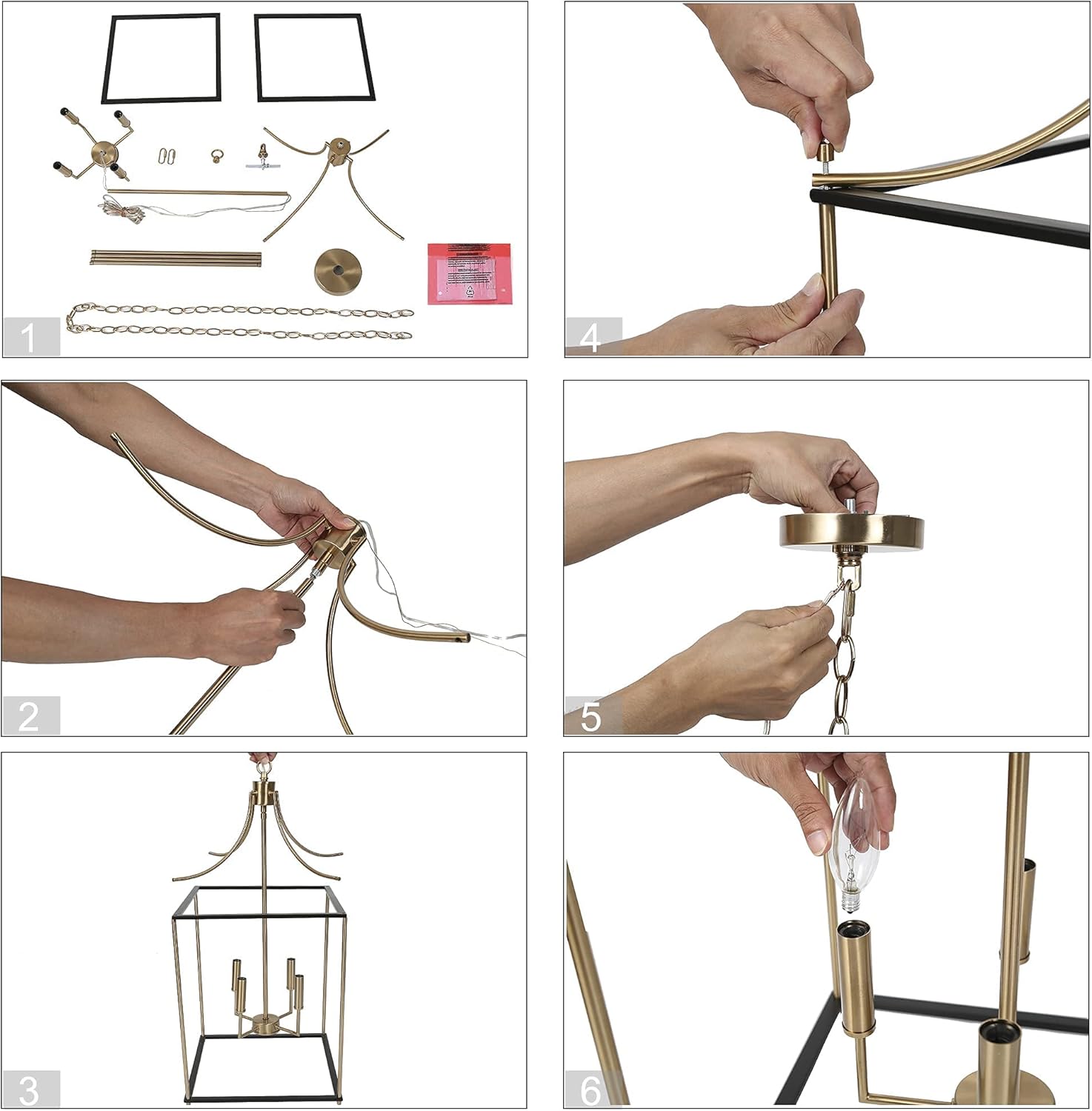 Durent Lighting Modern Chandelier Light Fixture, 4-Light Black and Gold Lantern Chandelier, Hanging Ceiling Light for Dining & Living Room, Bedroom, Kitchen Island, and Foyer