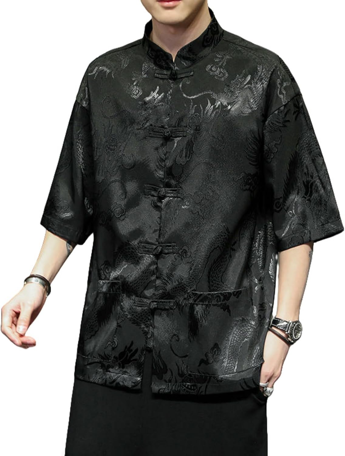 Men's Summer Chinese Style Trendy Ice Silk Short Sleeve Tang Suit Hanfu Casual Shirt