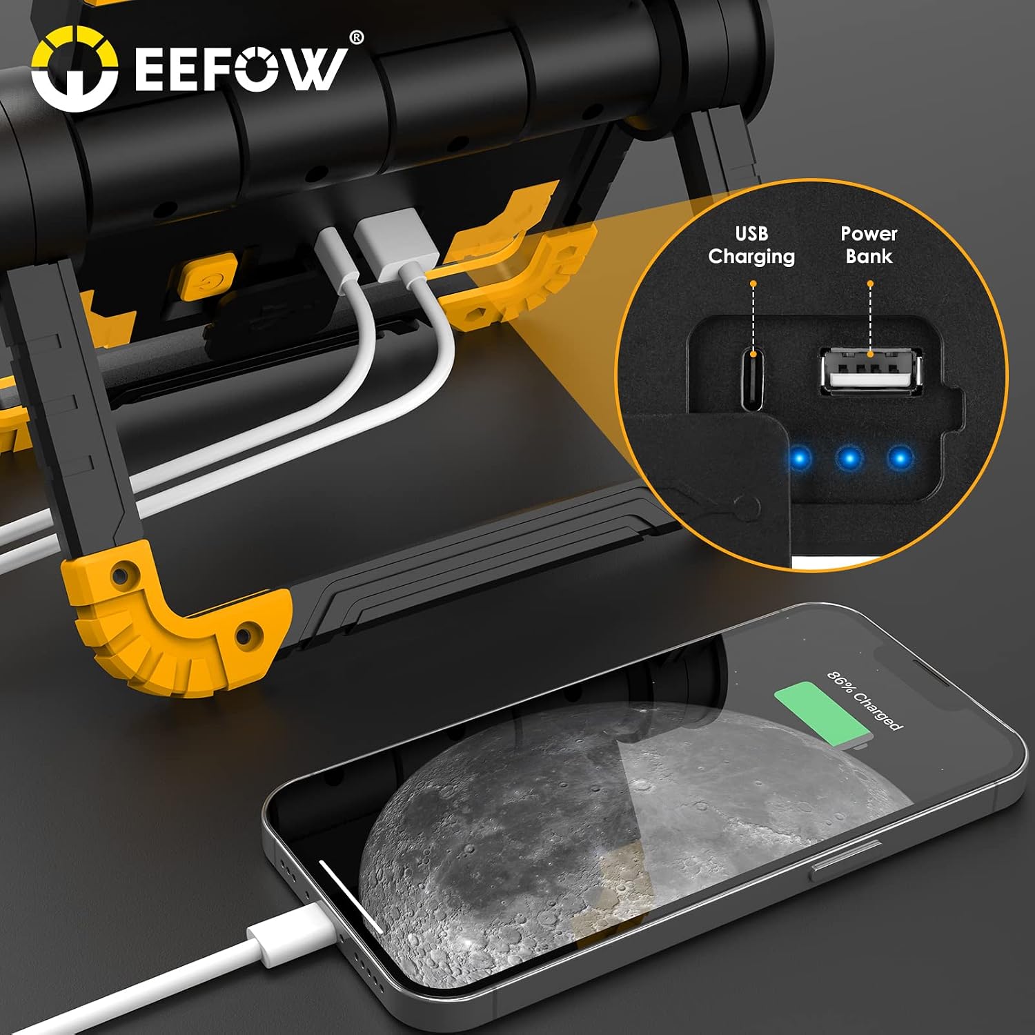 EEFOW Work Light showing USB charging port and power bank output, with a phone charging