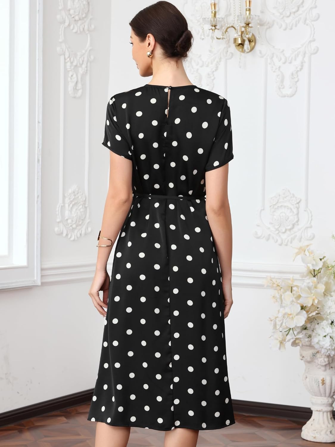 Allegra K Polka Dots Dresses for Women's Crew Neck Short Sleeve Belted Midi Dress - Image 2