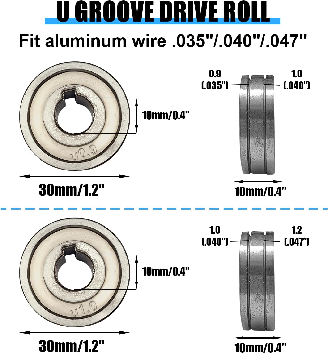 Detailed dimensions of AZZUNO U-Groove wire feed drive rolls