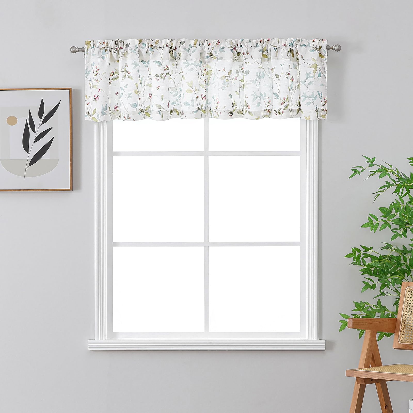 Cantonnière romaine lin texturé petit rideau floral pour fenêtre cuisine et bain