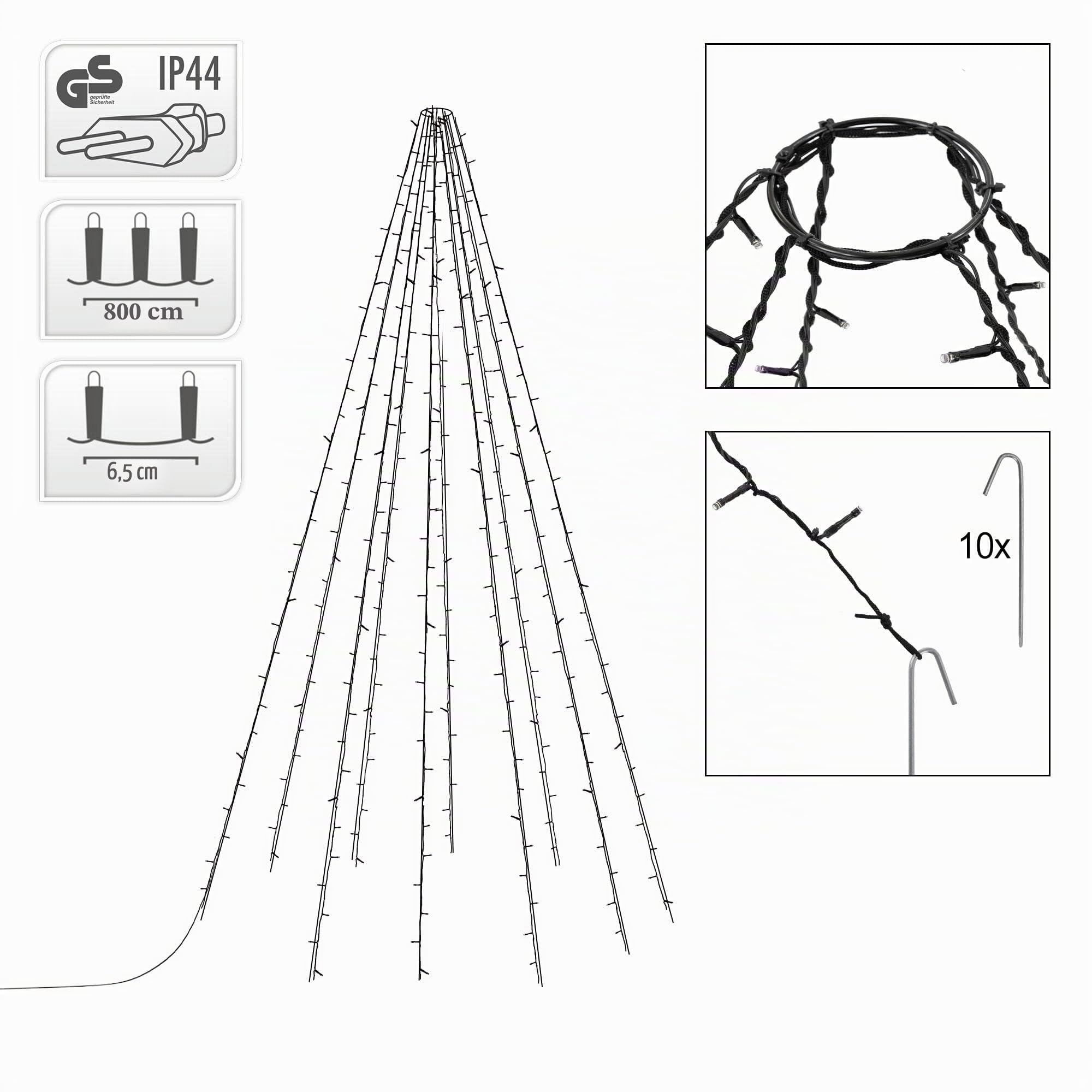 ECD Germany Catena Luminosa a LED IP-44 Decorazione Luci di Natale per Interni Esterni Ornamento Illuminazione in Bianco Caldo per Alberi e Pennoni Accessorio Natalizio 10 Pioli e 10 Fascette Incluse