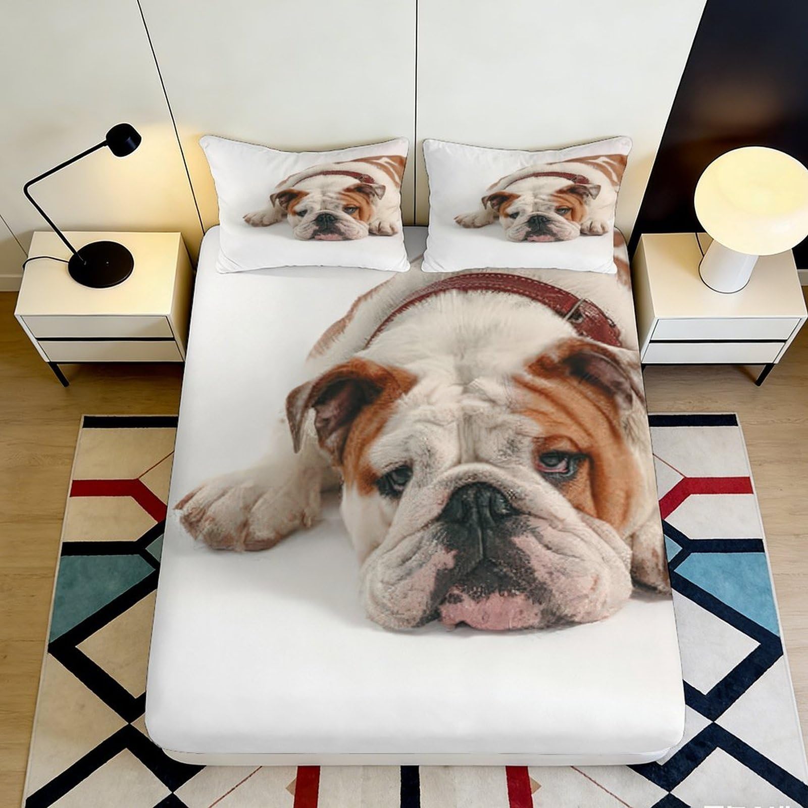 3D Printed Bulldog Fitted Sheet Microfiber Soft Breathable Dog Pattern Bed Cover for Bedroom Dormitory Guest Room Mattress Protection Decor 160x200x25cm
