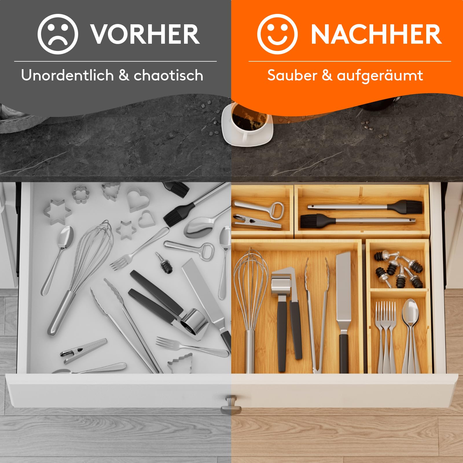 Lifewit 10er-Set Schubladen Organizer mit 6 Einsätzen, Verstellbare Aufbewahrungsbox mit 11 Fächern, Schubladenteiler aus Holz für Küchenutensilien, Schminktisch organizer, Make-up, Büro, Badezimmer