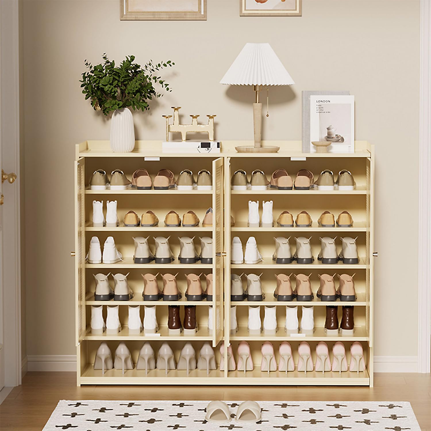 Meuble à chaussures en bambou avec serrure magnétique et 7 niveaux de rangement