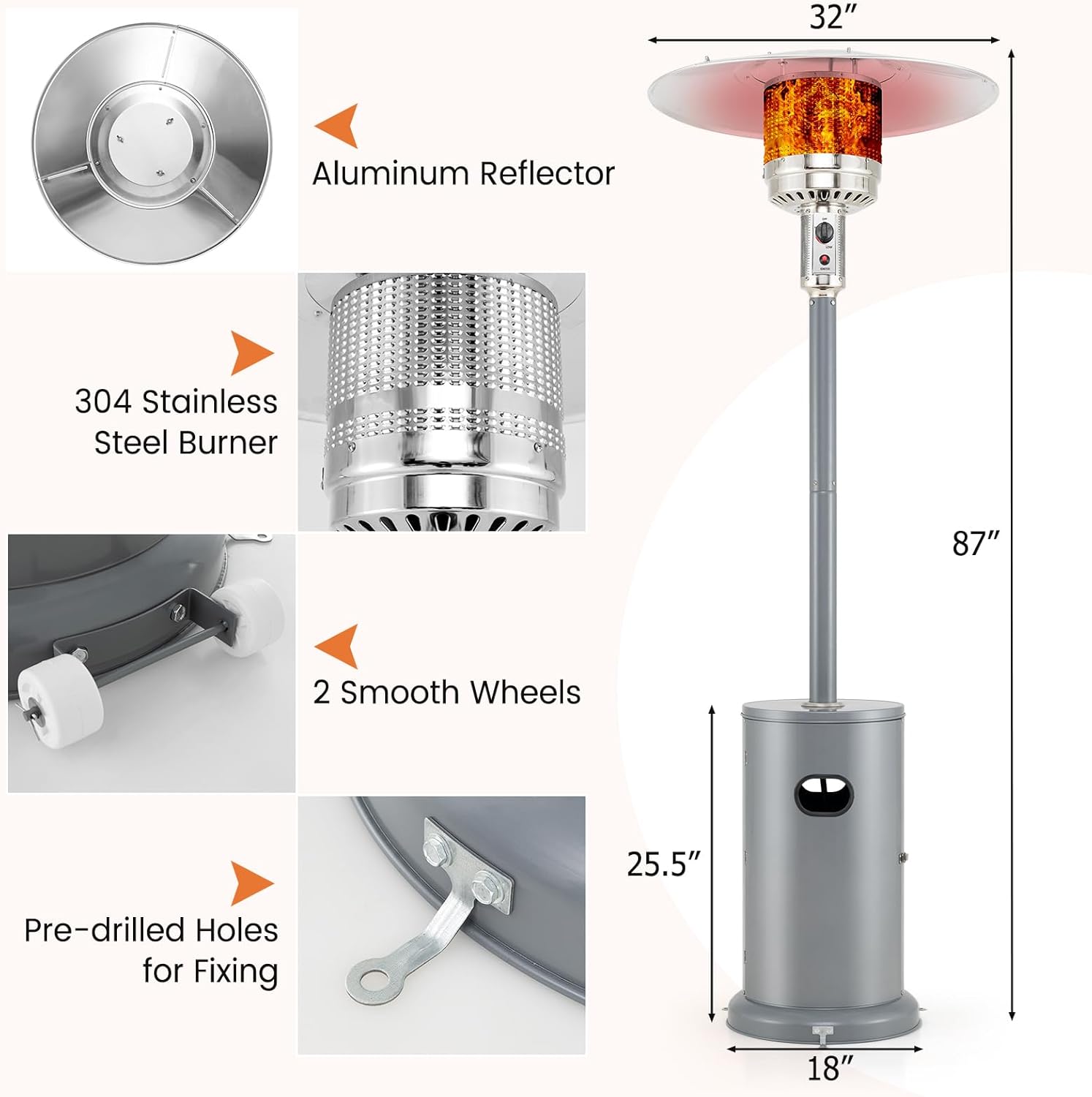Happygrill 50,000 BTU Outdoor Heater, Round Propane Patio Heater with Stainless Steel Burner, Tip-Over & Flame-Out Protection & Wheels, Outdoor Heaters for Patio (Grey)