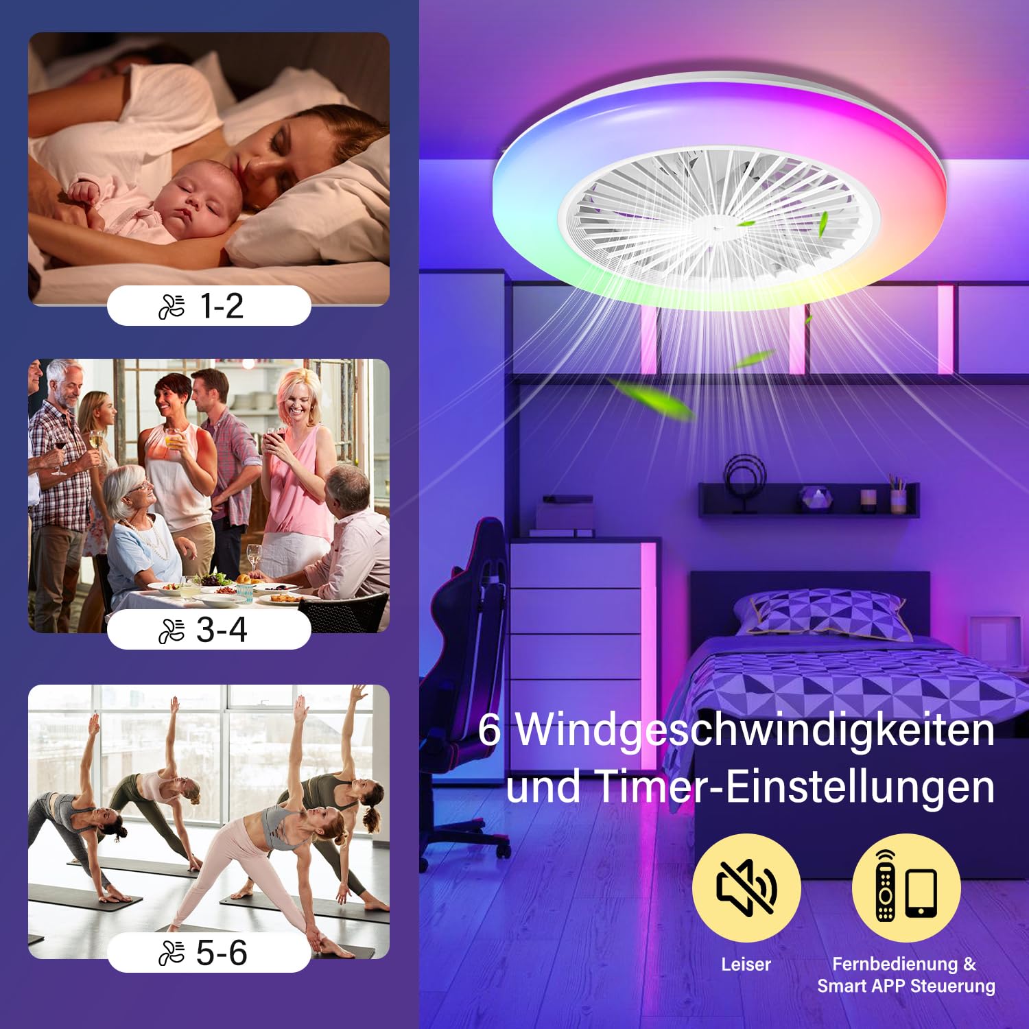 Lospitch Deckenventilator mit Beleuchtung, Ø49cm Smart RGB LED Fan Licht mit Fernbedienung, LED Umkehrbar Deckenventilator mit Licht, Timer und 3 Farbtemperatur und 6 Geschwindigkeiten