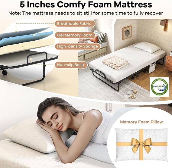 Giantex Twin Folding Bed with 5 Inch Mattress, Rollaway Guest Bed with Top Pillow, Storage Pocket & Metal Frame, Space-Saving Fold up Beds, Portable Roll Away Beds for Adults, 75 x 39