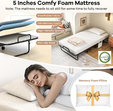 Giantex Twin Folding Bed with 5 Inch Mattress, Rollaway Guest Bed with Top Pillow, Storage Pocket & Metal Frame, Space-Saving Fold up Beds, Portable Roll Away Beds for Adults, 75 x 39